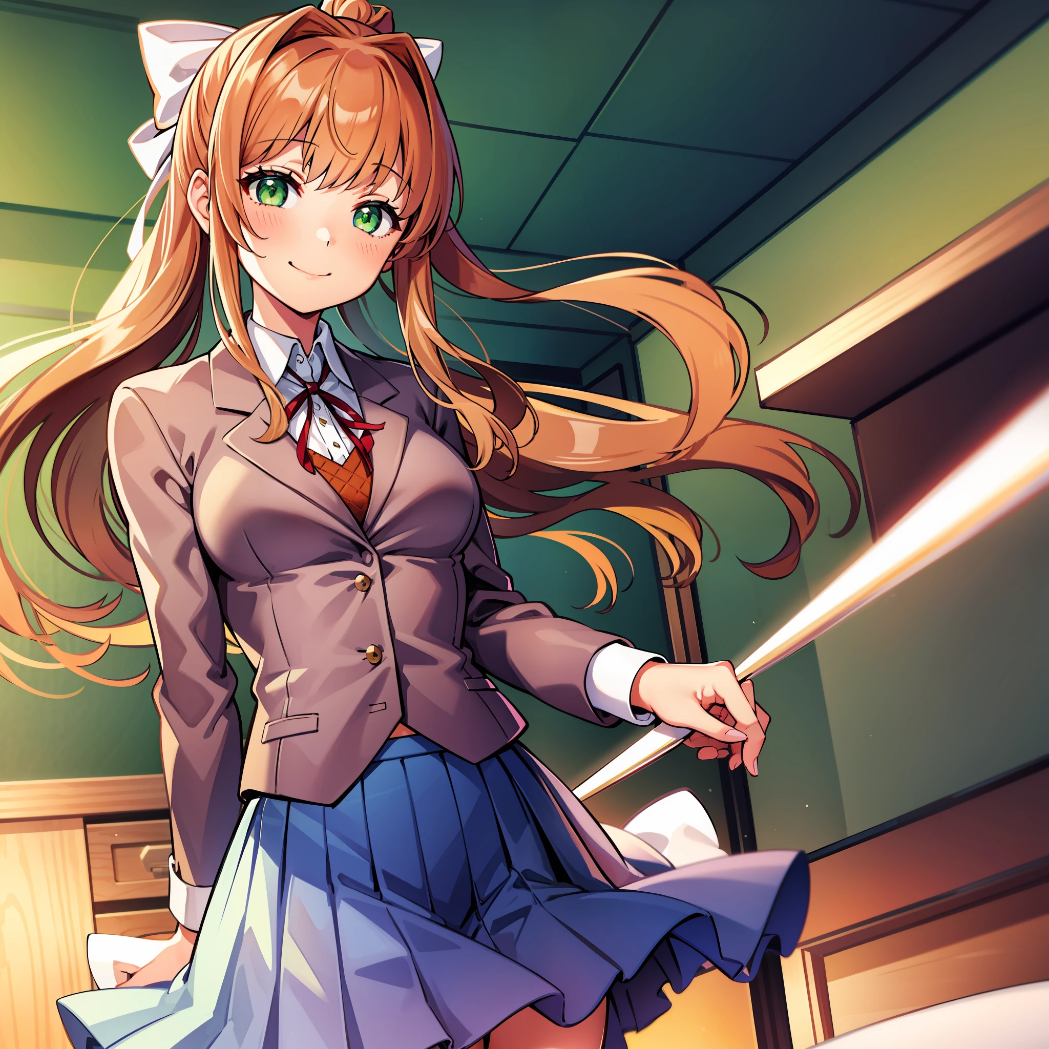 Monika,green eyes,pony tail,classroom,smile,1girl,very long hair,white bow hair tie,red collar ribbion