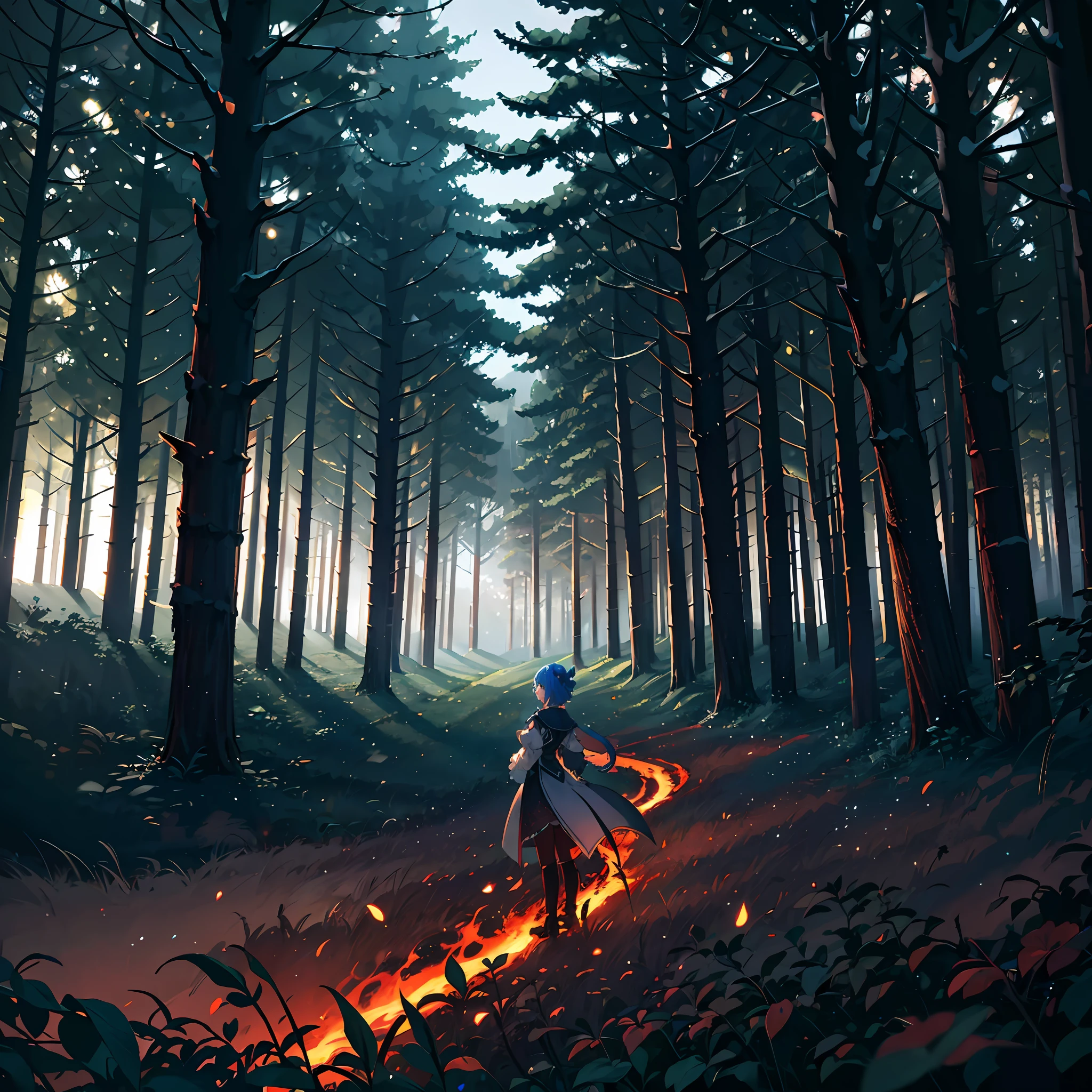 Dark forest, Rem from Rezero, looking forward to a forest, lens flare, flames, night, view from above, dark ambient, shadows, contrast