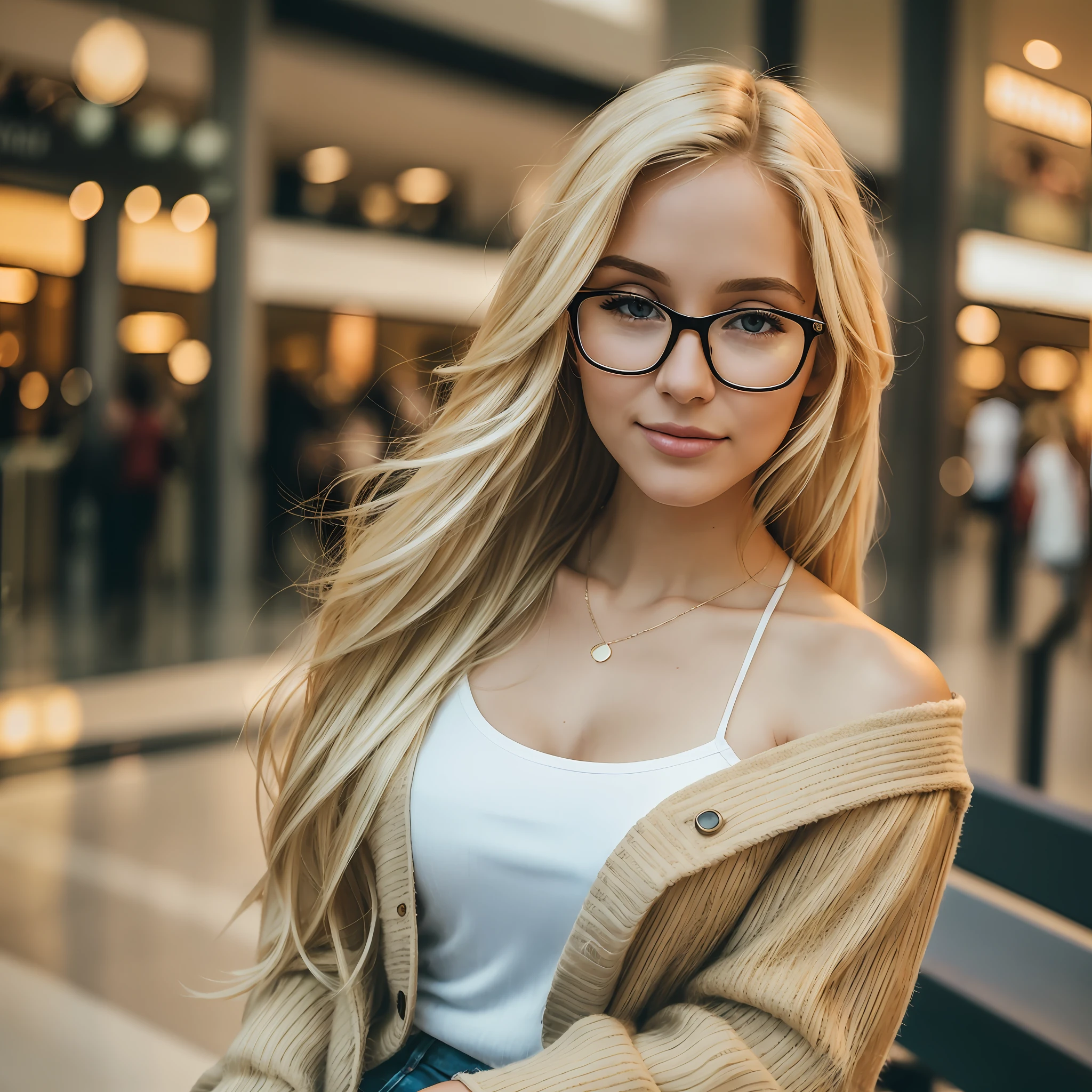 photography, photo above shoulder, iphone x, bokeh, studio quality, a blonde woman with medium hair walking sitting in the mall, thick blonde hair, flowing blonde hair, blonde blonde hair, glorious blonde hair, 33 year old girl with blonde hair, blonde blonde hair, attractive blonde hair, wearing glasses with red frame, --auto --s2