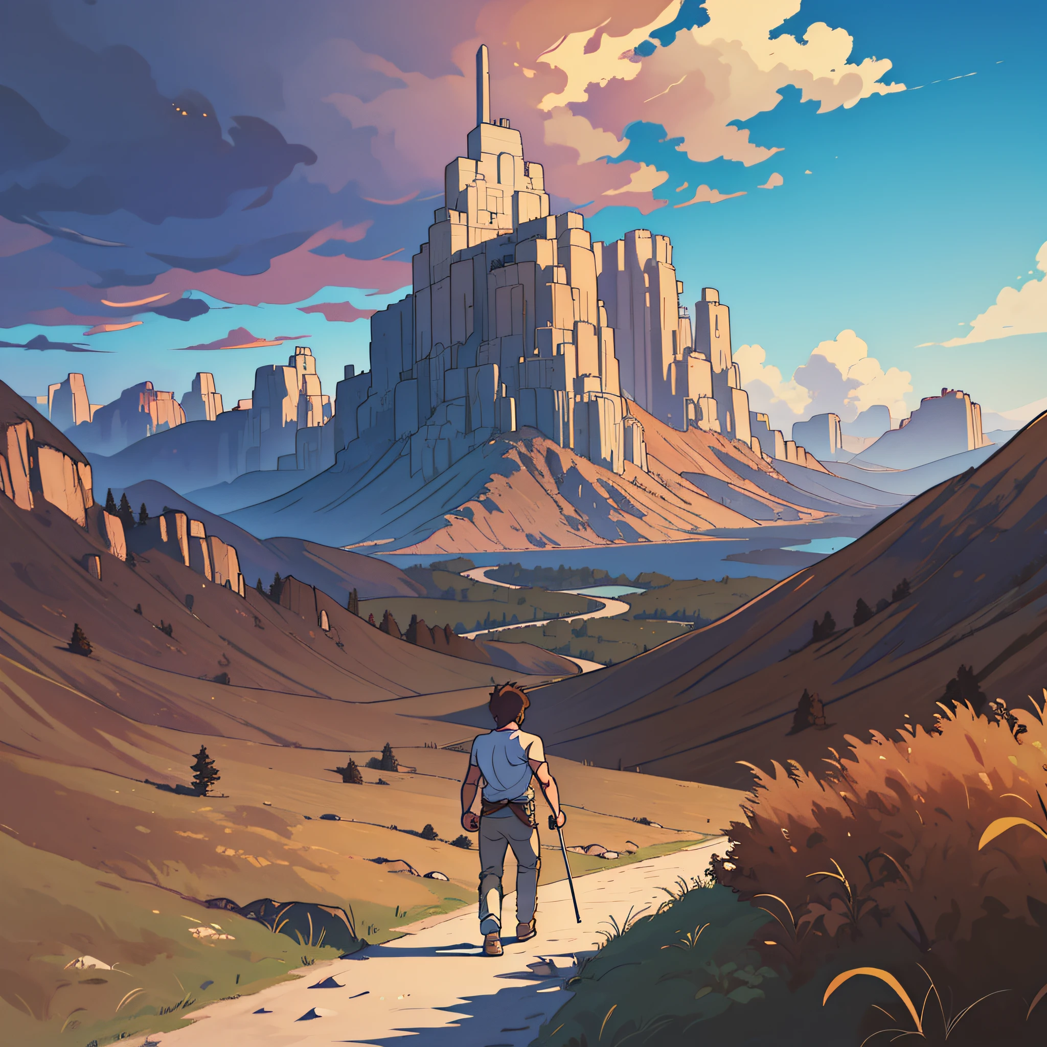 Make a young male alone and lonely walking aimlessly, on top of a mountain, he has brown hair, with bangs, brown eyes, leave him shirtless, he is thin and not very strong, without muscles, leave the bruised, after a defeat he walks, exciting and sad scene of anime, a distant and distant scene, from afar visiting the horizon