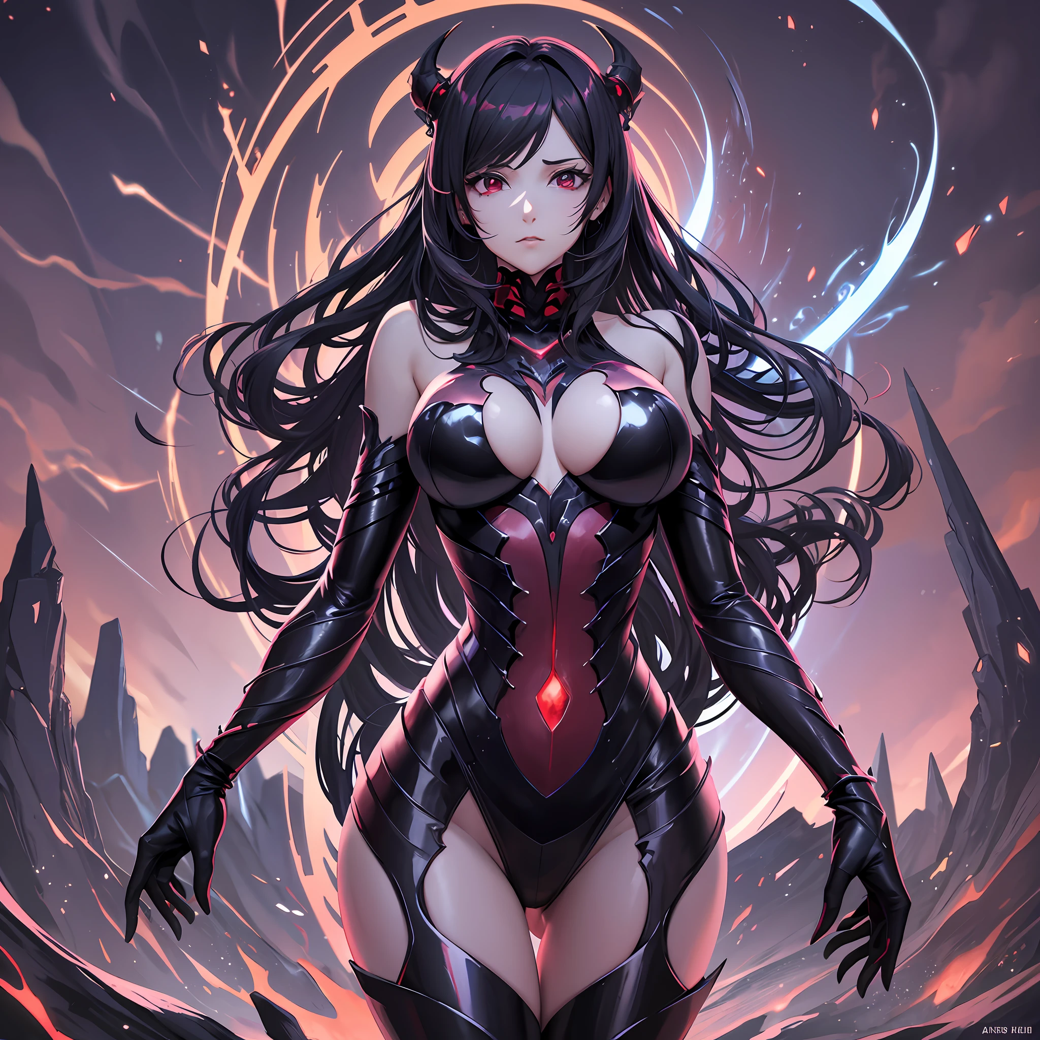 Create a powerful woman with six arms, each being different from the other, the first being metal, the second being water, the third made of lava, the fourth of earth, the fifth of darkness, the percent made air, anime styling, she has a stylish red outfit with bones and battle marks, 4k --auto --s2