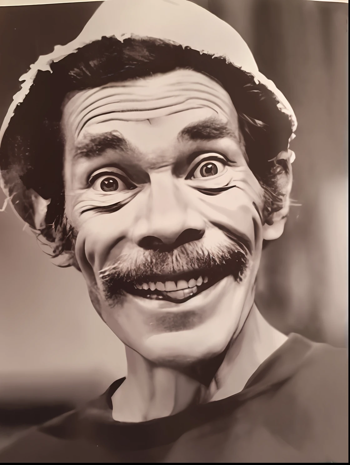 arafed black and white photo of a man with a mustache and a hat, don ramon, by Howard Knotts, laughing man, profile picture, robert crumb photorealism, barry chuckle, inspired by Samu Börtsök, portrait of don knotts, by Samu Börtsök, insane smile, artist unknown
