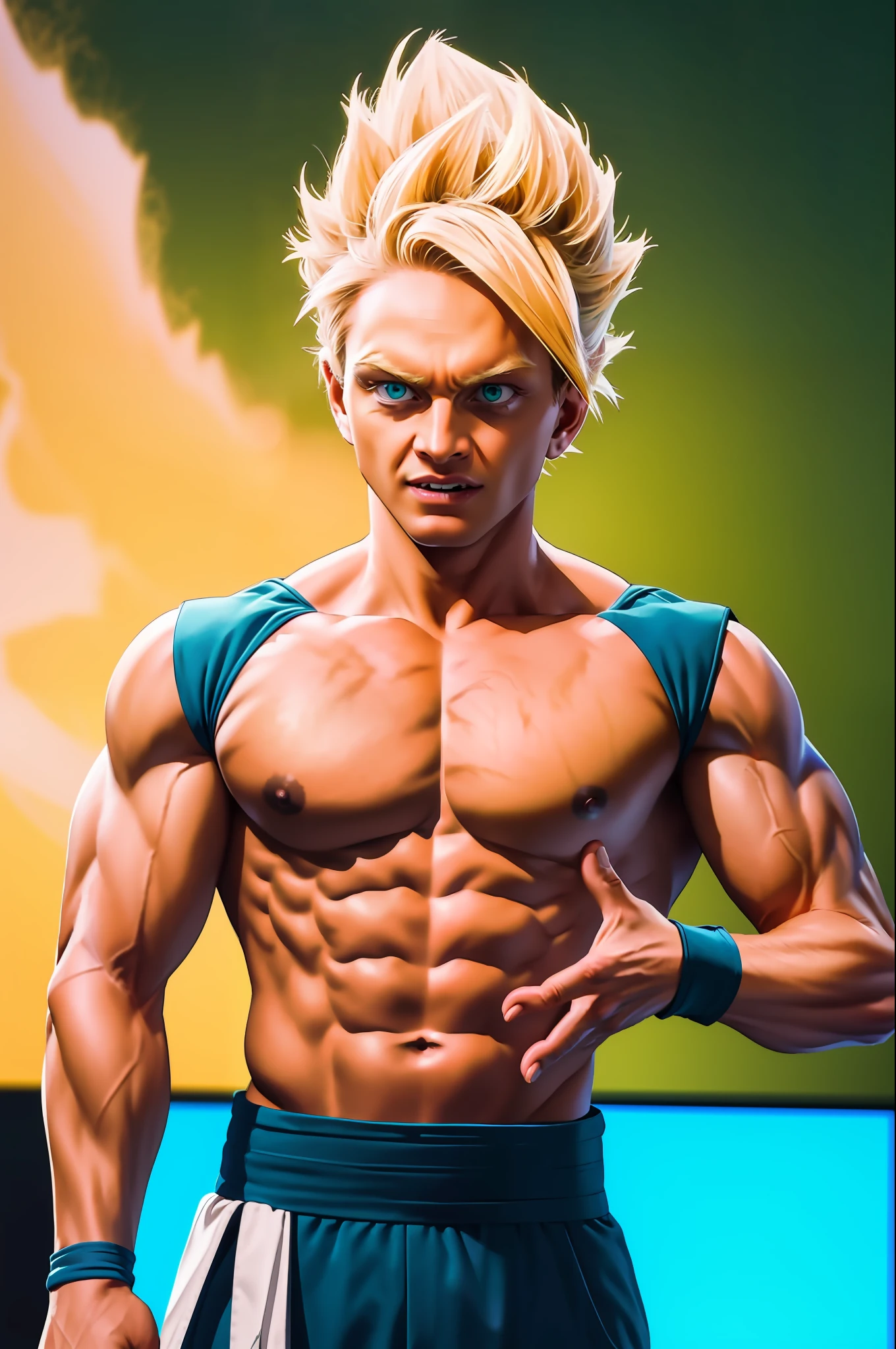 (masterpiece, best quality), intricate details, 8k, artstation, wallpaper, official art, splash art, storm in background, sharp focus, 1boy, (photorealistic:1.2) (bokeh) (best quality) (detailed skin:1.3) (intricate details) (8k) (detailed eyes) (sharp focus) son goku, angry, battle damage, blonde hair, blue sash, clenched teeth, furious, green eyes, male focus, muscular, muscular male, pectorals, sash, solo, spiked hair, super saiyan, super saiyan 1, teeth, topless male, torn clothes, wristband,