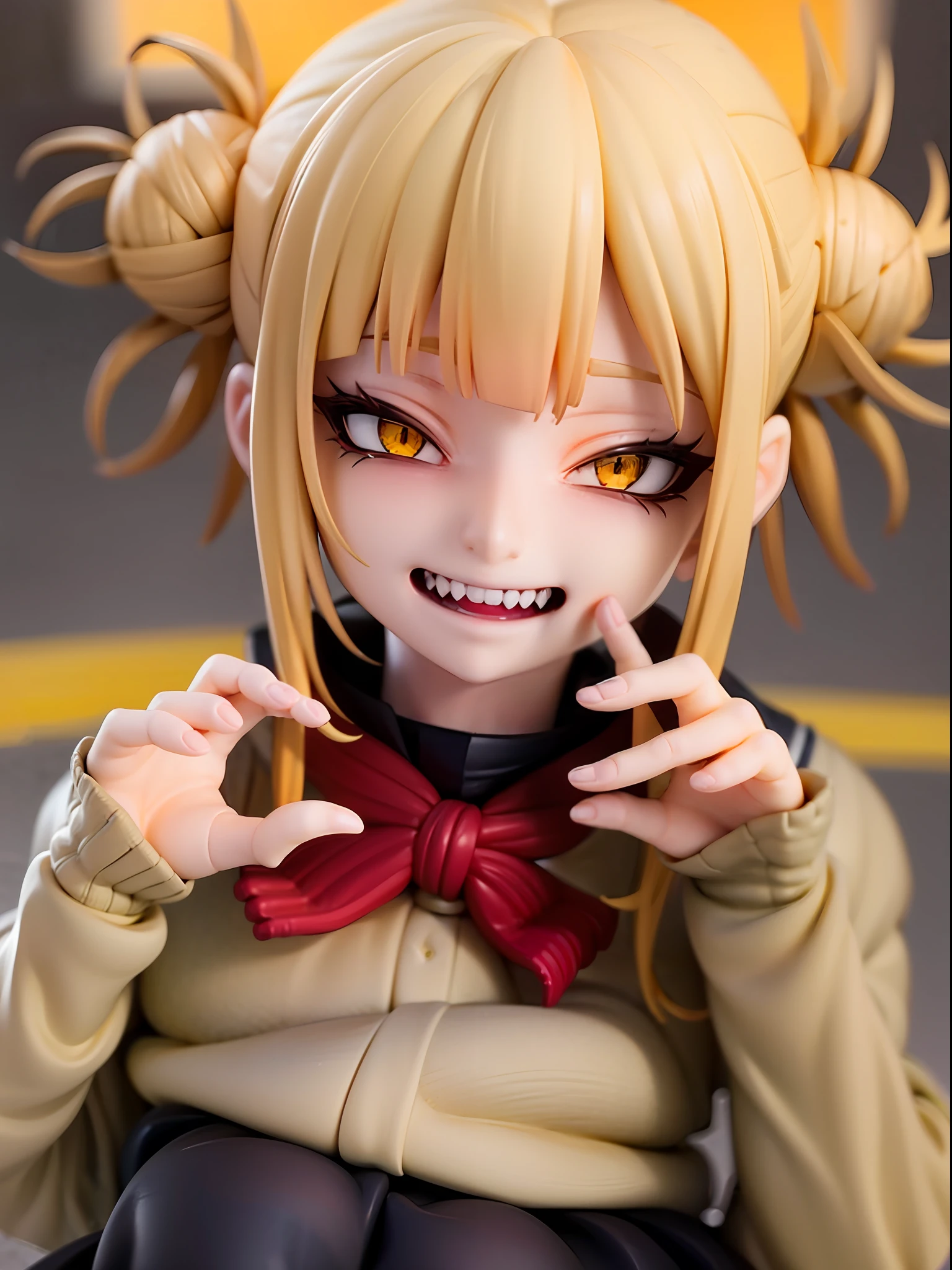 1girl,himiko toga,blonde hair,yellow eyes,bored expression, claw pose,facing viewer,looking at viewer,good hand,good finger,masterpiece,extremely detailed CG unity 8k wallpaper, best quality,32k,focus sharp, evil smile