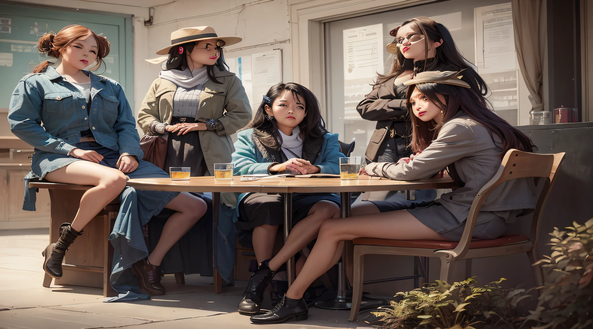 several women sitting at a table with drinks and a hat, shot with canon eoa 6 d mark ii, cinematic. by leng jun, ww2 era, shot on canon eos r5, shot on canon eos r 5, in girls generation, by Ni Yuanlu, casual pose, twice, shot on nikon z9, girls frontline style, luts