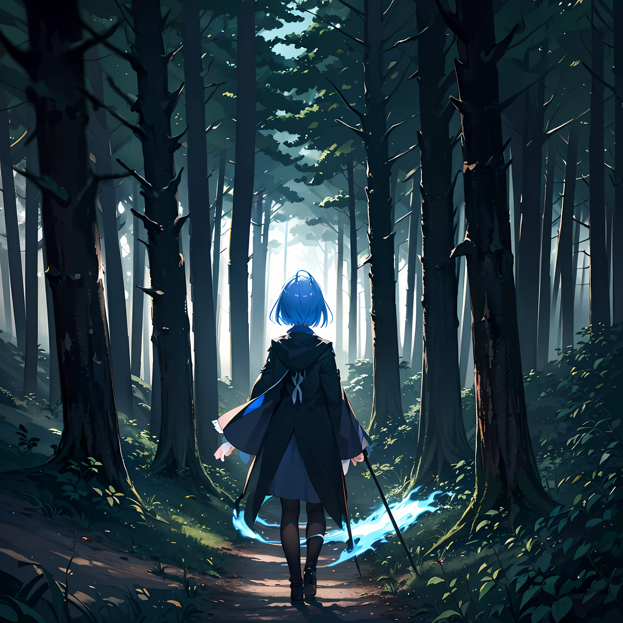 Dark forest, Rem from Rezero, looking forward to a forest, lens flare, flames, night, view from above, dark ambient, shadows, contrast