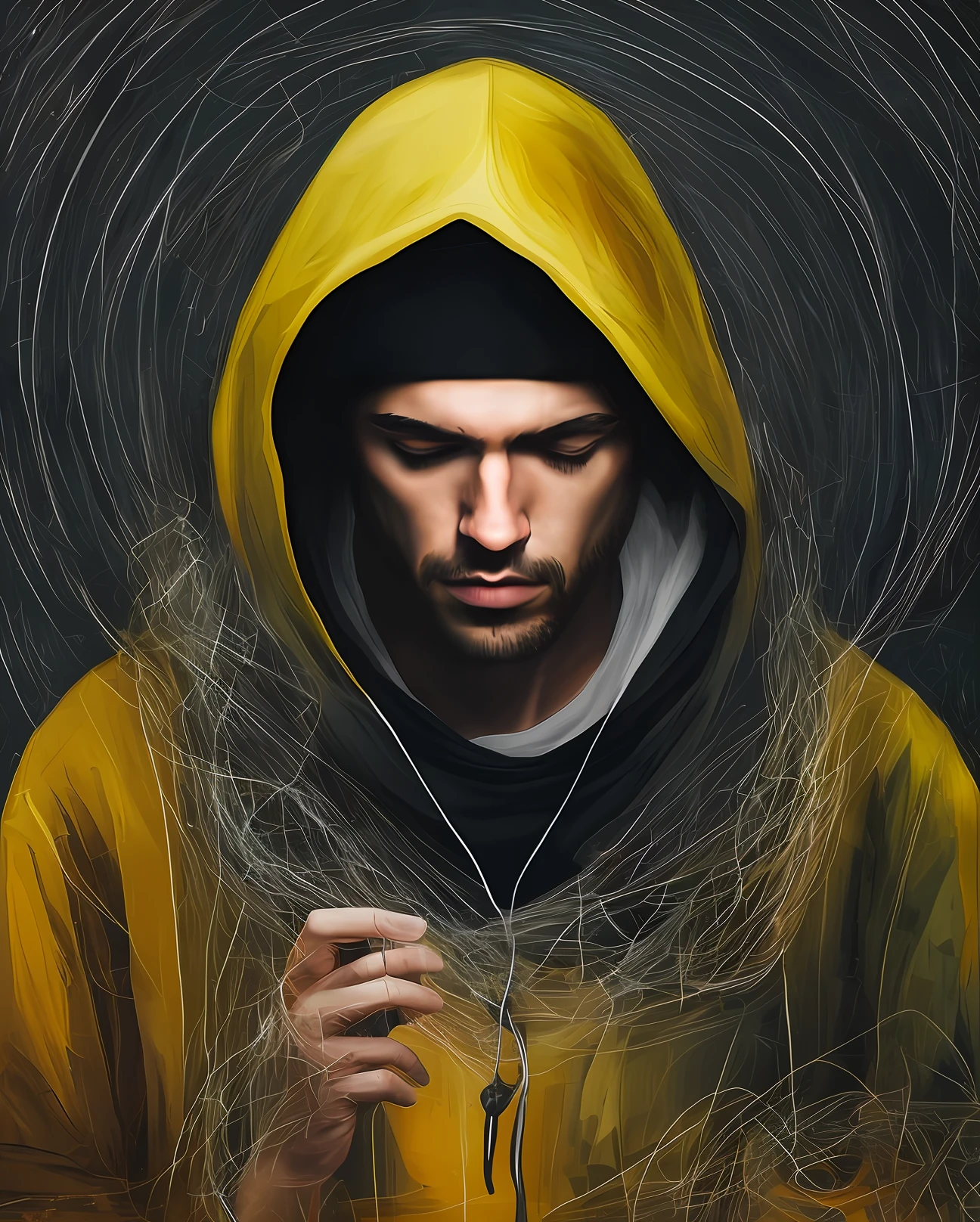 Abstract painting of a man in casual black hooded portrait blends with human cell phone with intricate background
