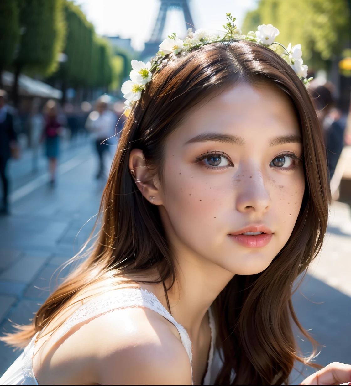 RAW,, Nikon Z 85mm, award-winning glamorous photography,((best quality)), ((masterpiece)), ((realistic)), 18th century, vintage image, beautiful French woman wearing, lace dress and corset, wearing a crown, 25 years, (long brown hair), brown eyes, (large breasts, close up), sitting outside a café in Paris, eiffel tower in the background, small, ((small breasts)), innocent, flower pedals in the air, ((freckles)), intricate details, highly detailed, sharp focus, professional, 4k, spring flowers blooming, divine rays, hand model, stunning blue eyes, small, delicate, innocent, high resolution, detailed facial features, high detail, sharp focus, smooth, aesthetic, extremely detailed, foto_\(ultra\), photorealistic, realistic, post-processing, maximum detail, roughness, real life, ultra realistic, photorealism, photography, 8k uhd, photography, SEMI-SILHOUETTE light, Russian face