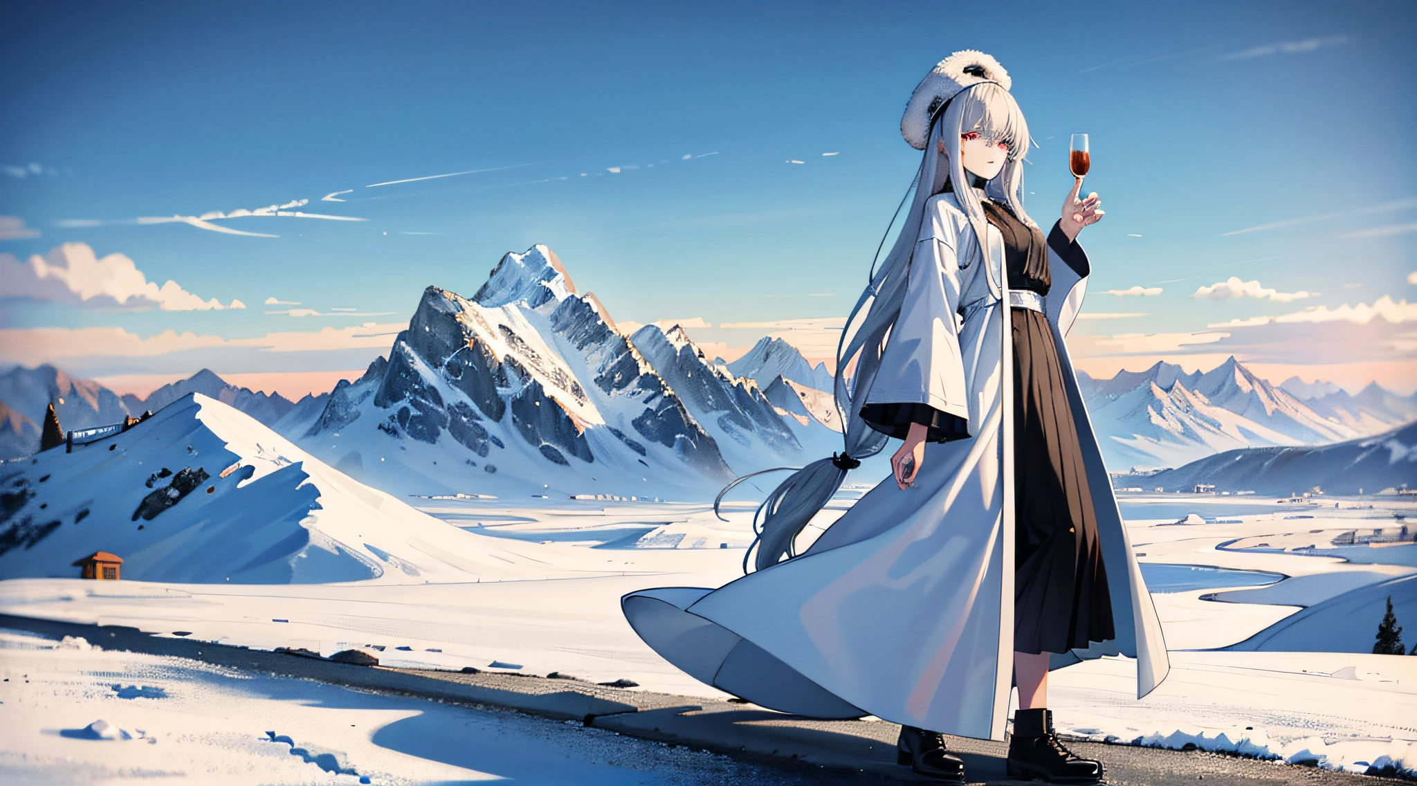 girl, long silver hair, hat, bathrobe, female, desolate mountain background