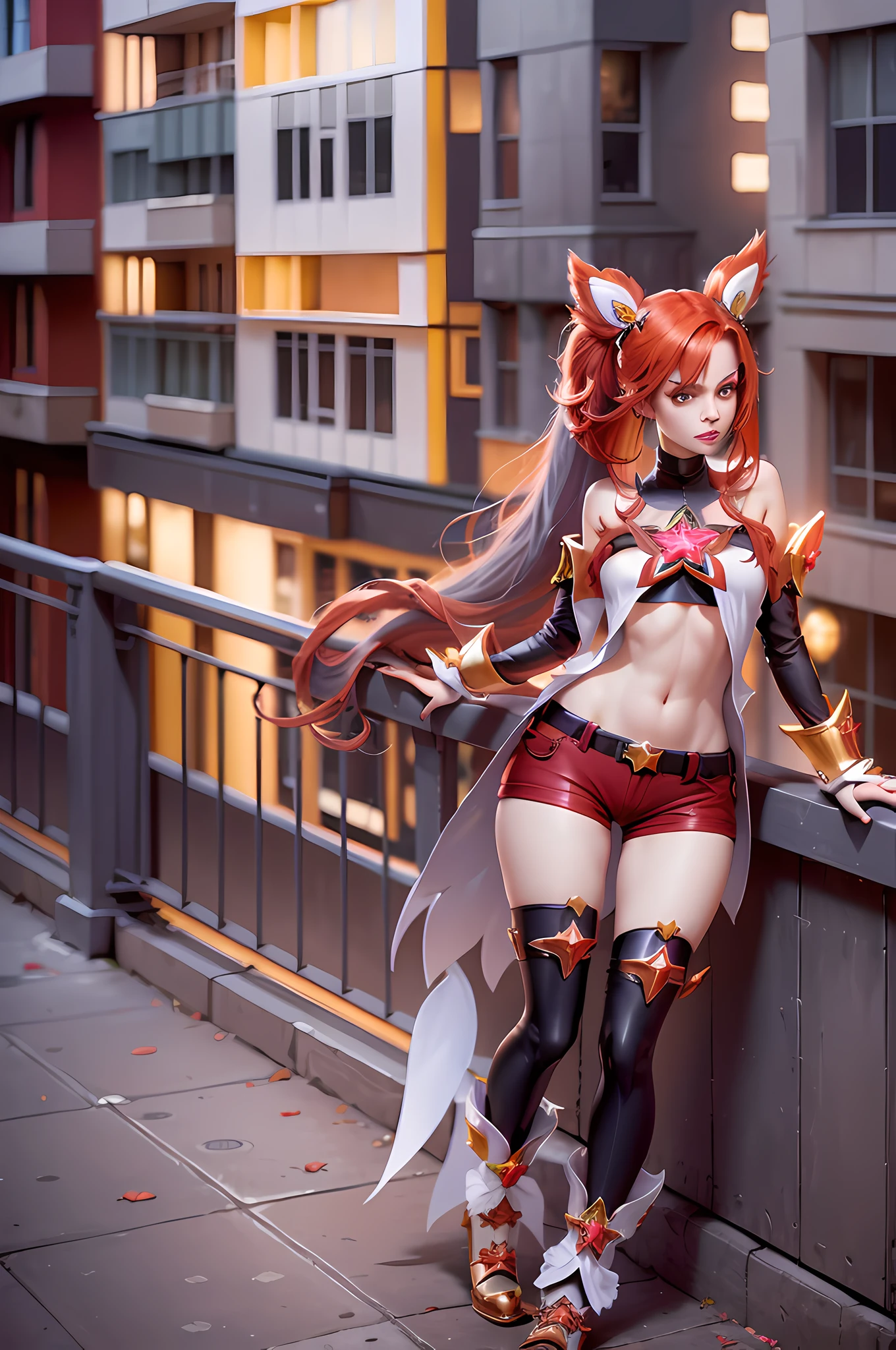 very detailed full body photo, + (gorgeous slim body) cosplayer wearing full Jinx Starkeeper outfit Angry face in high definition, beautiful face + (Jinx red hair Red Star Guardian) + (red color eyes) plastic kitten ears + (wearing red color shorts), standing leaning against a balcony + ( white color balcony ) , in the background a city at night + (gray color buildings)