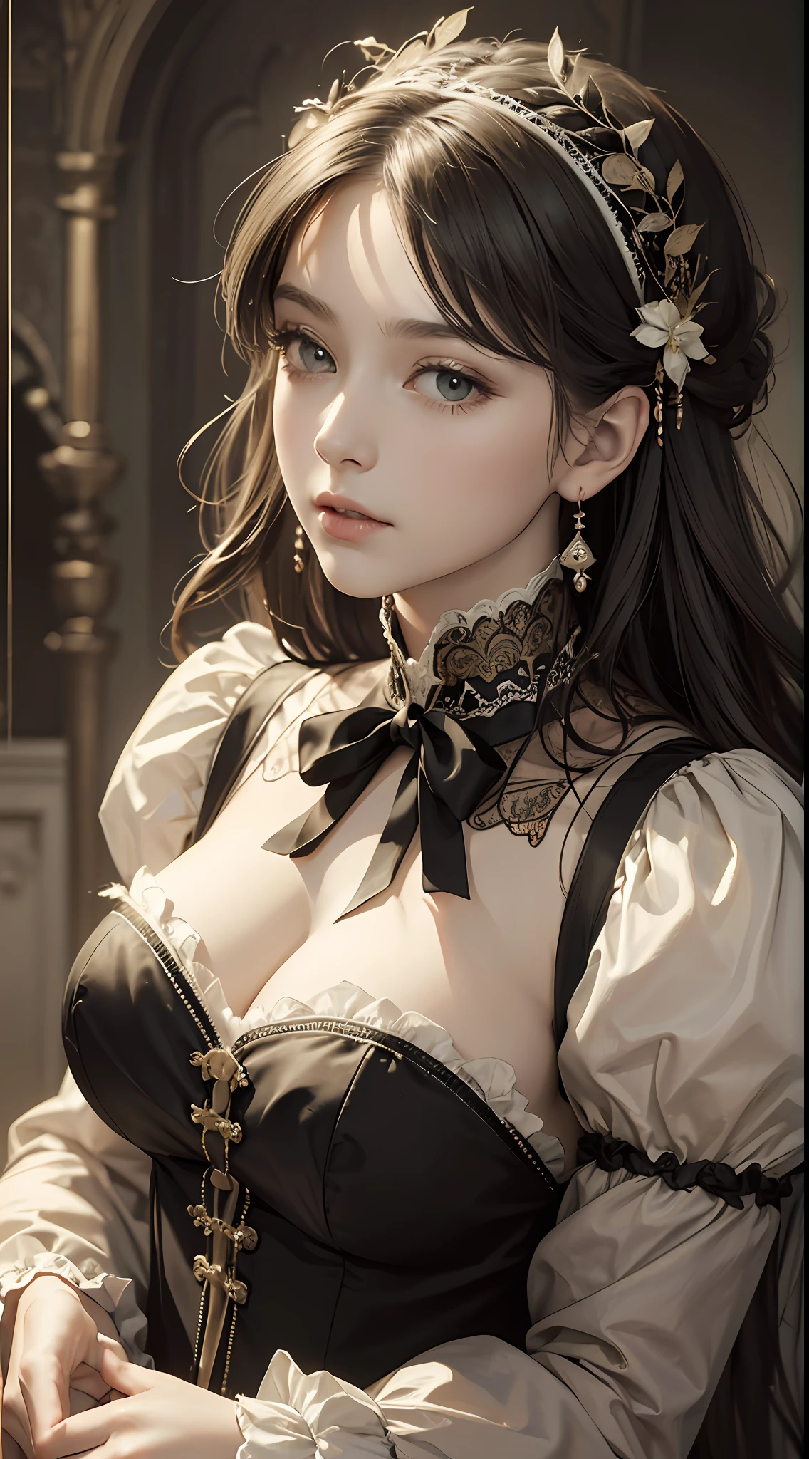 (Pure Color: 0.9), (Color: 1.1), (Masterpiece: 1,2), Best Quality, Masterpiece, High Resolution, Original, Highly Detailed Wallpaper, Beauty, Victorian, Dress, Melancholy, Big Breasts, Sepia Color, 30 years old --auto --s2