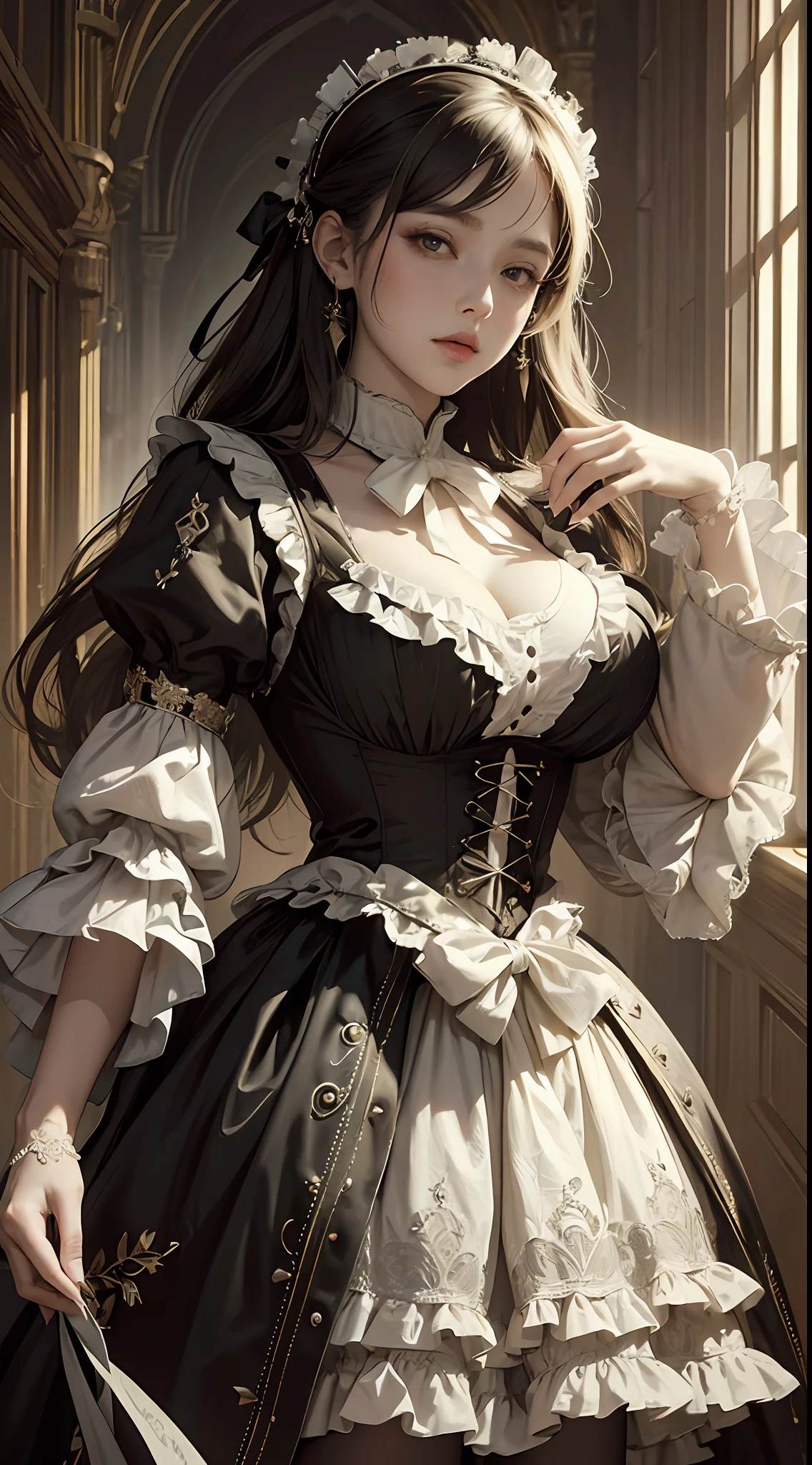 (Pure Color: 0.9), (Color: 1.1), (Masterpiece: 1,2), Best Quality, Masterpiece, High Resolution, Original, Highly Detailed Wallpaper, Beauty, Victorian, Dress, Melancholy, Big Breasts, Sepia Color, 30 years old --auto --s2