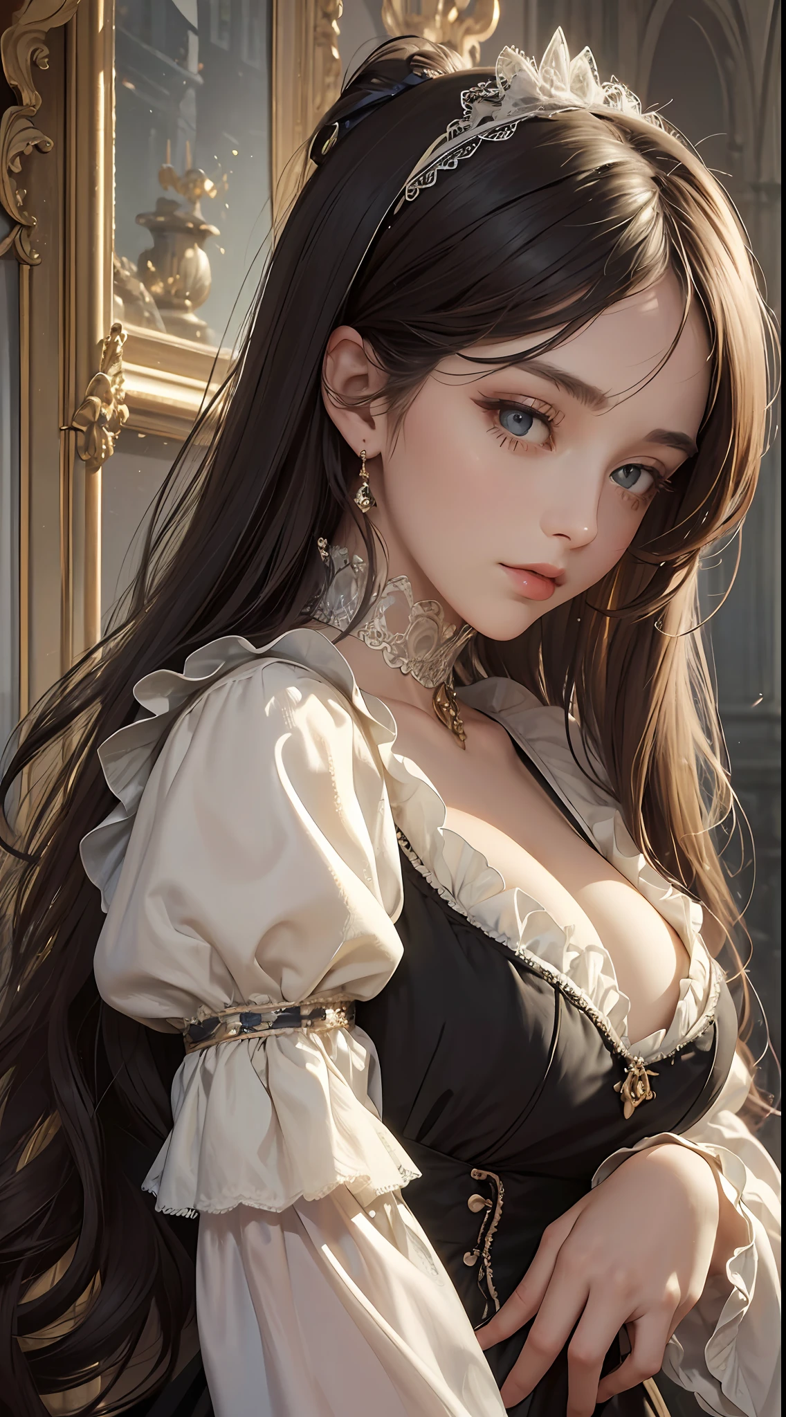 (Pure Color: 0.9), (Color: 1.1), (Masterpiece: 1,2), Best Quality, Masterpiece, High Resolution, Original, Highly Detailed Wallpaper, Beauty, Victorian, Dress, Melancholy, Big Breasts, Sepia Color, 30 years old --auto --s2