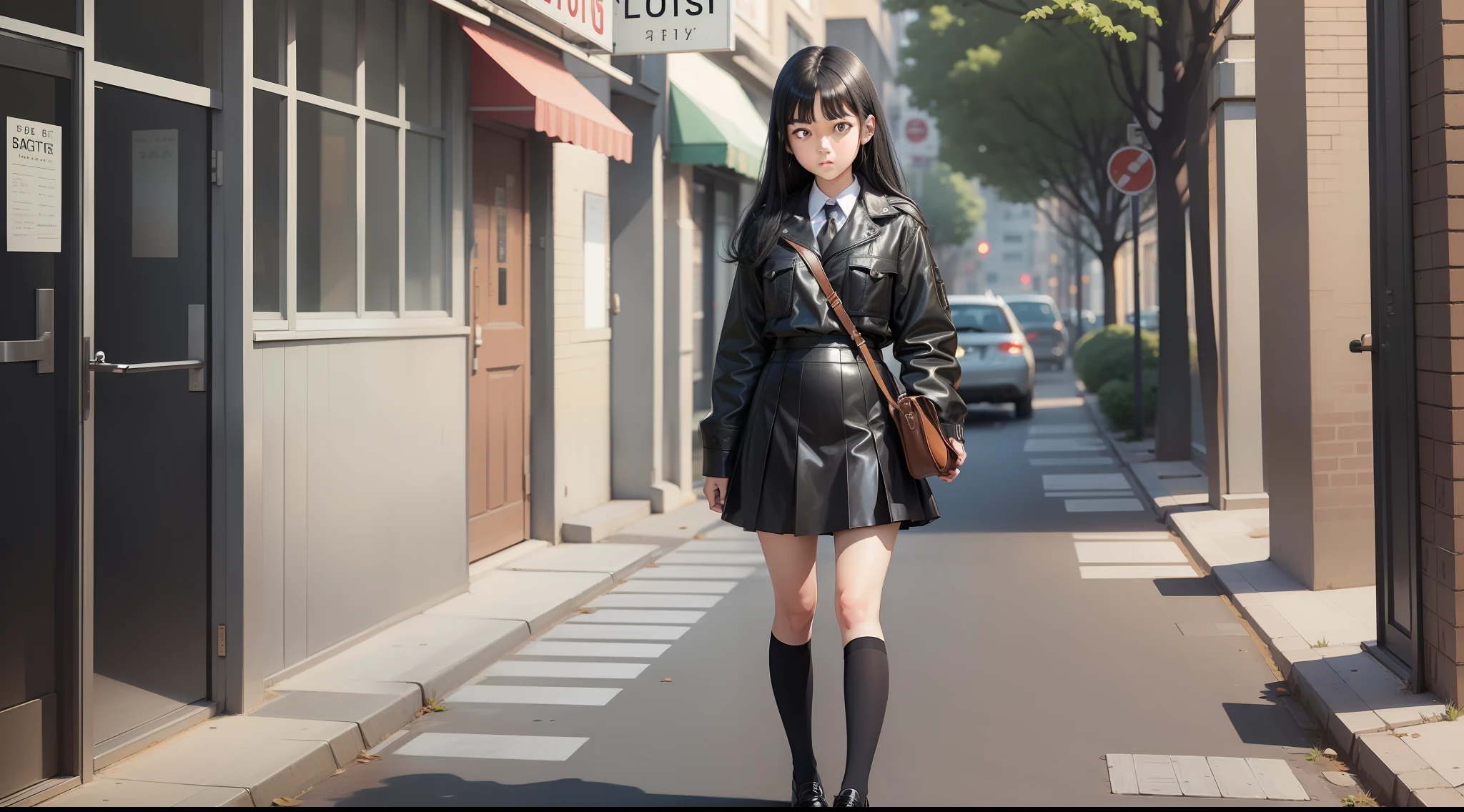 black hair,  high school student, uniform, big eyes, illustration style, full body, leather shoes