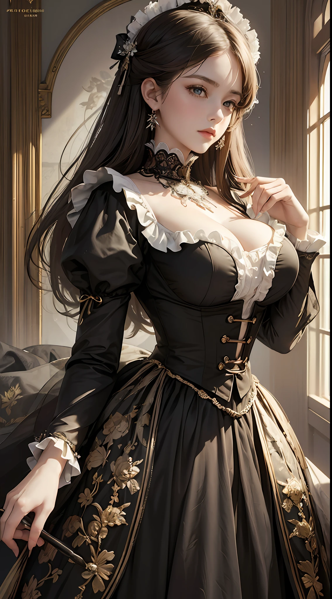 (Pure Color: 0.9), (Color: 1.1), (Masterpiece: 1,2), Best Quality, Masterpiece, High Resolution, Original, Highly Detailed Wallpaper, Beauty, Victorian, Dress, Melancholy, Big Breasts, Sepia Color, 30 years old --auto --s2