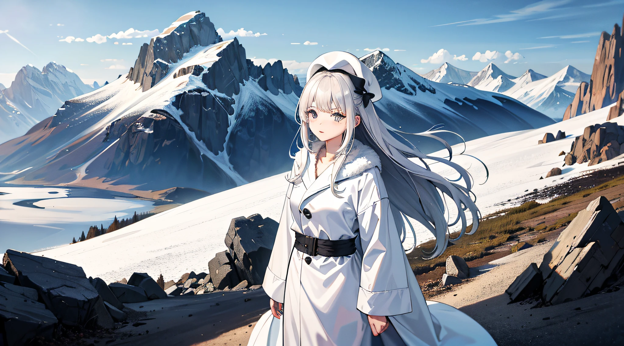girl, long silver hair, hat, bathrobe, female, desolate mountain background