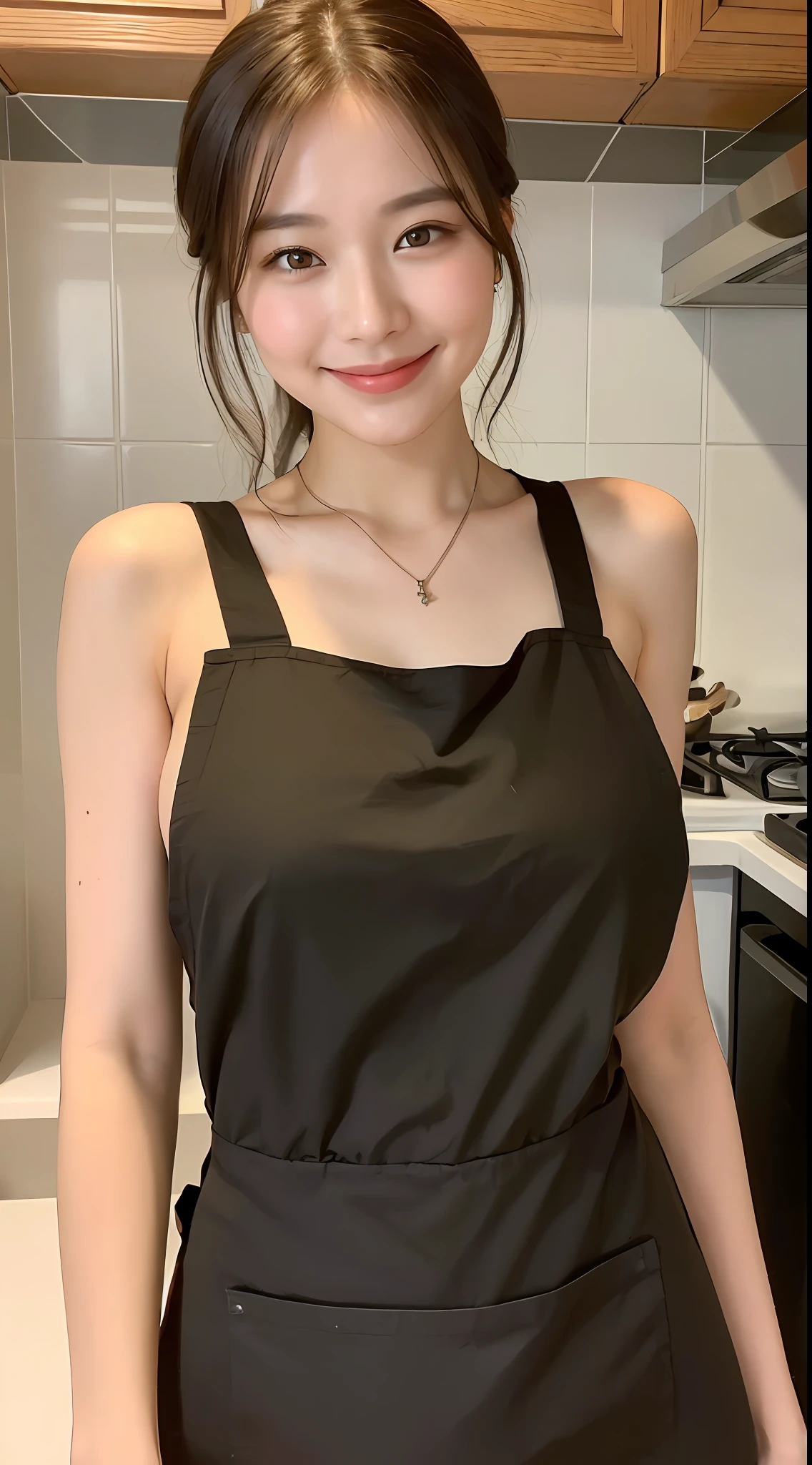 (Best quality, 8k, masterpiece: 1.3), a beautiful woman with perfect figure: 1.4, dark brown hair, wearing a pendant, wearing an apron, in the kitchen, highly detailed face and skin, detailed eyes, double eyelids, big breasts, smile