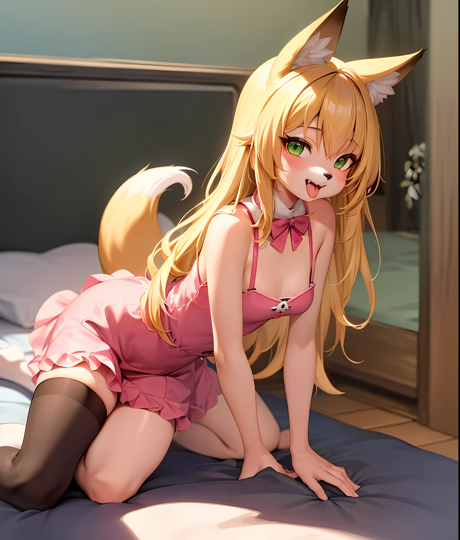 (cute anthro furry:1.3), small breasts, 1girl, solo, blonde hair, (green eyes:1.2), fox ears,fox tail, pink dress, kneeling beside the bed of a detailed cute room with open mouth and tongue out and sexy look asking for something in the mouth