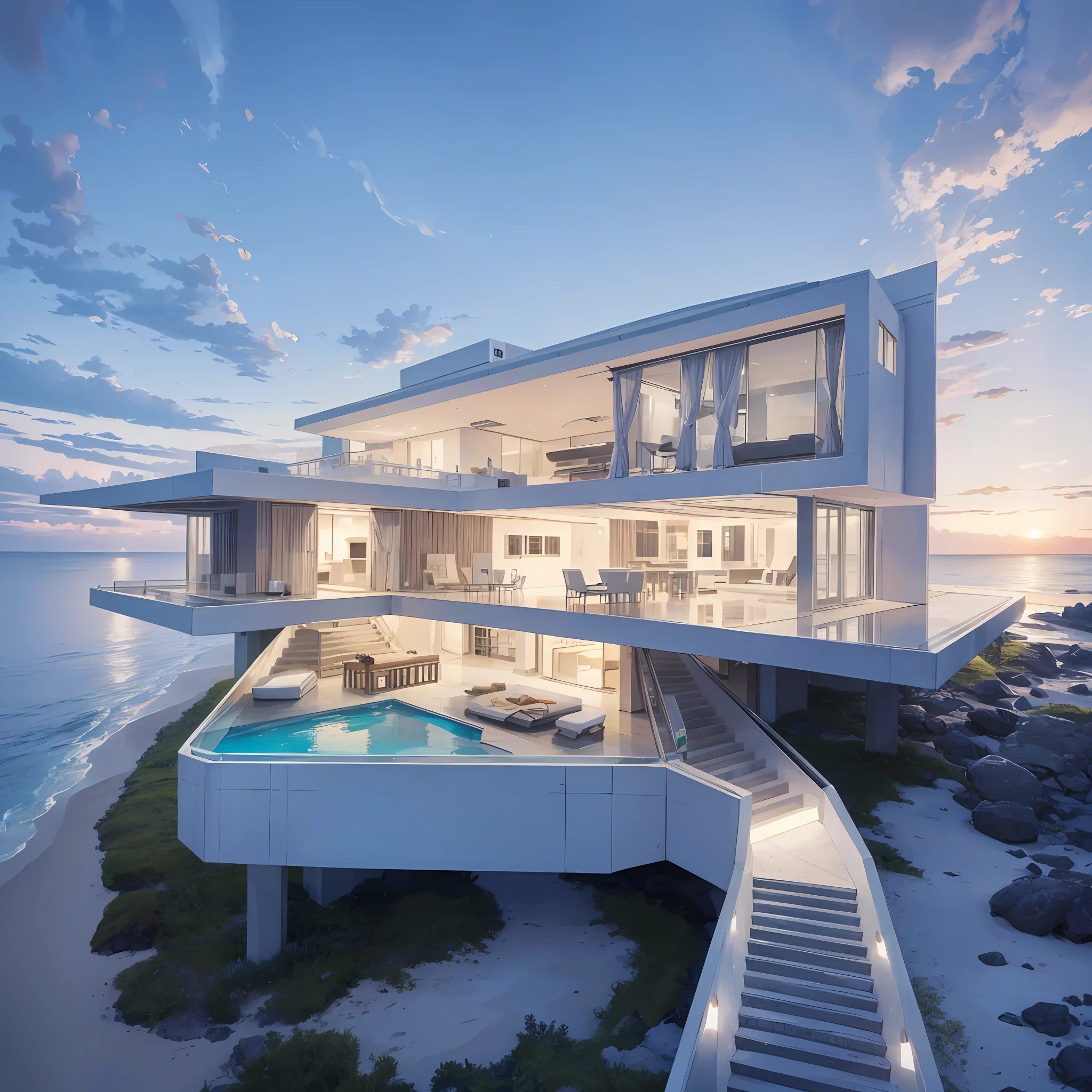 A futuristic white house on the edge of a beach --auto --s2