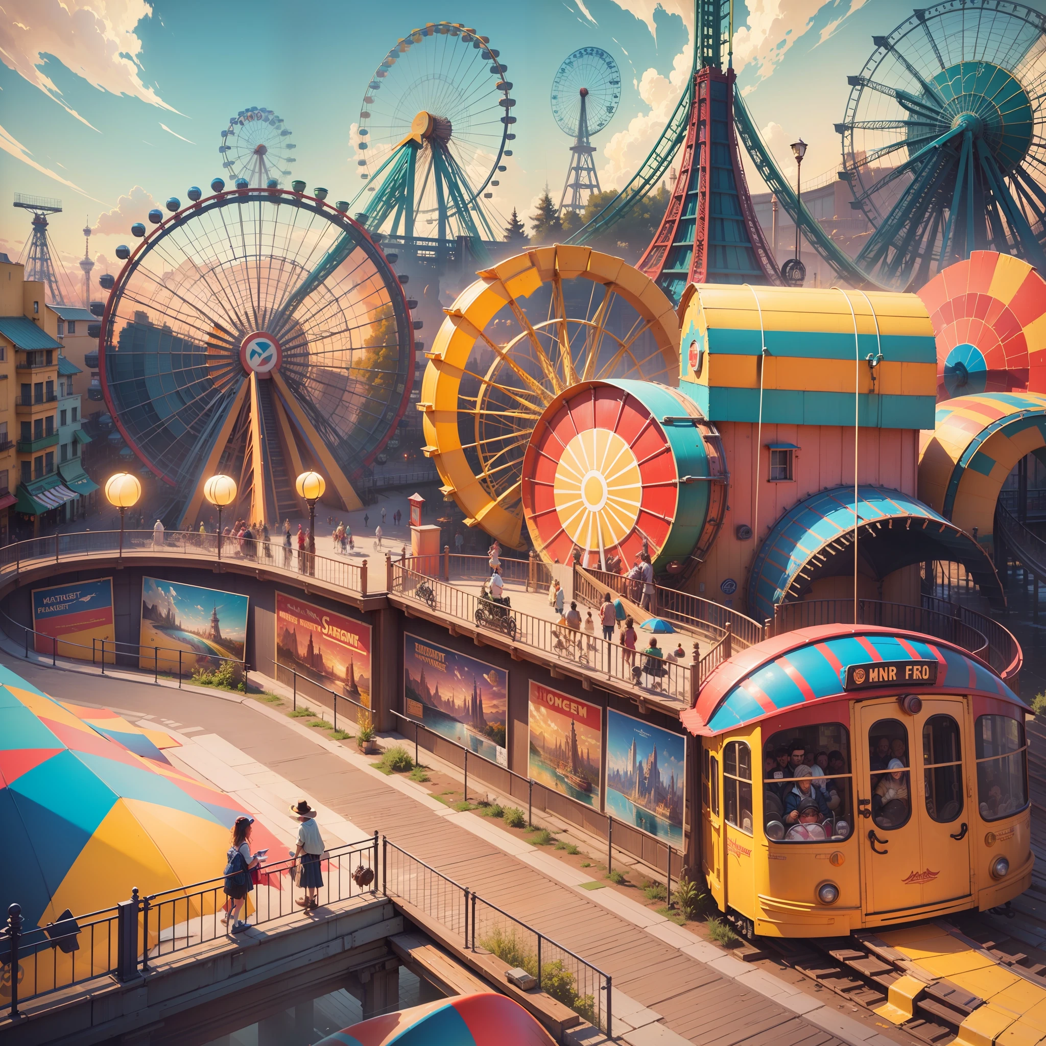 size = 10000 pixels (((Best Quality))), (((Ultra Detailed))), (((Masterpiece))), Impressionist Illustration: 2, A colorful and vibrant amusement park scene including a roller coaster, giant Ferris wheel, carousel, high-quality digital artwork, detailed design, clear focus, trends on Pinterest, Instagram and Behance, perfect for travel guides and brochures, Midjourney and Greg Rutkowski's realistic paintings, bright colors, eye-catching, whimsical, interesting. --auto --v 6 --s2