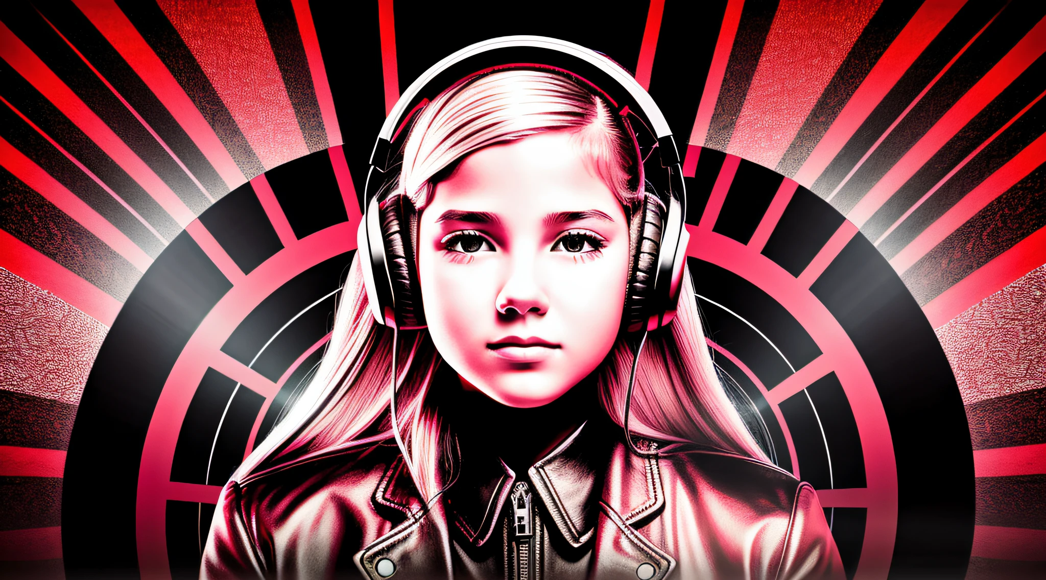 GIRL child 12 years old, RUSSIAN BLONDE long hair and headphones, portrait, SILVER LEATHER JACKET, VINYL AND CDS red background. --auto --s2