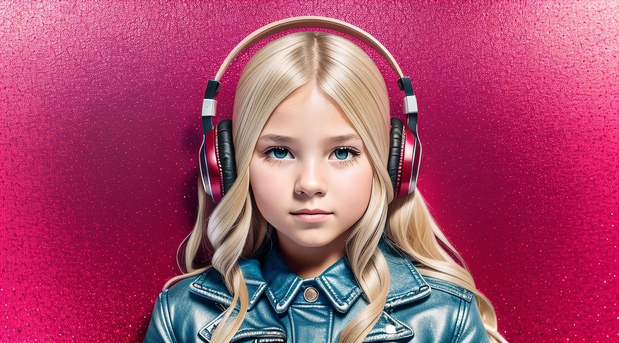 GIRL child 12 years old, RUSSIAN BLONDE long hair and headphones, portrait, SILVER LEATHER JACKET, VINYL AND CDS red background. --auto --s2
