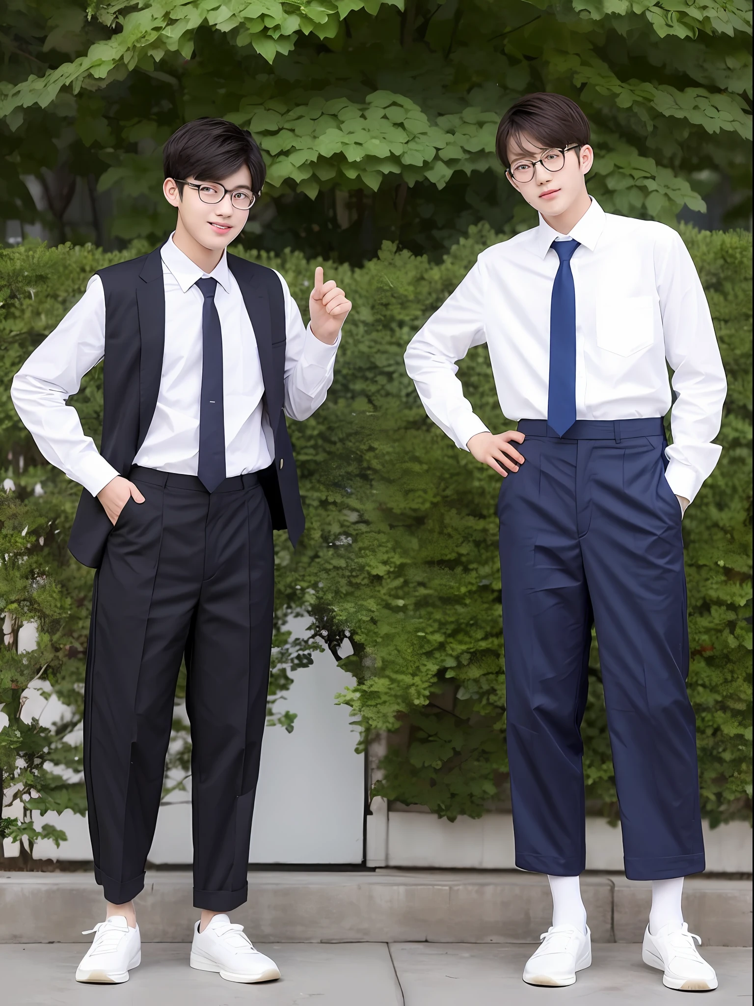 Two boys, bl, couple, Korean students with school uniforms cloth pants and white uniform shirt from Korean institutions one is shy and conformist and the other popular friendly and helpful, both in love
