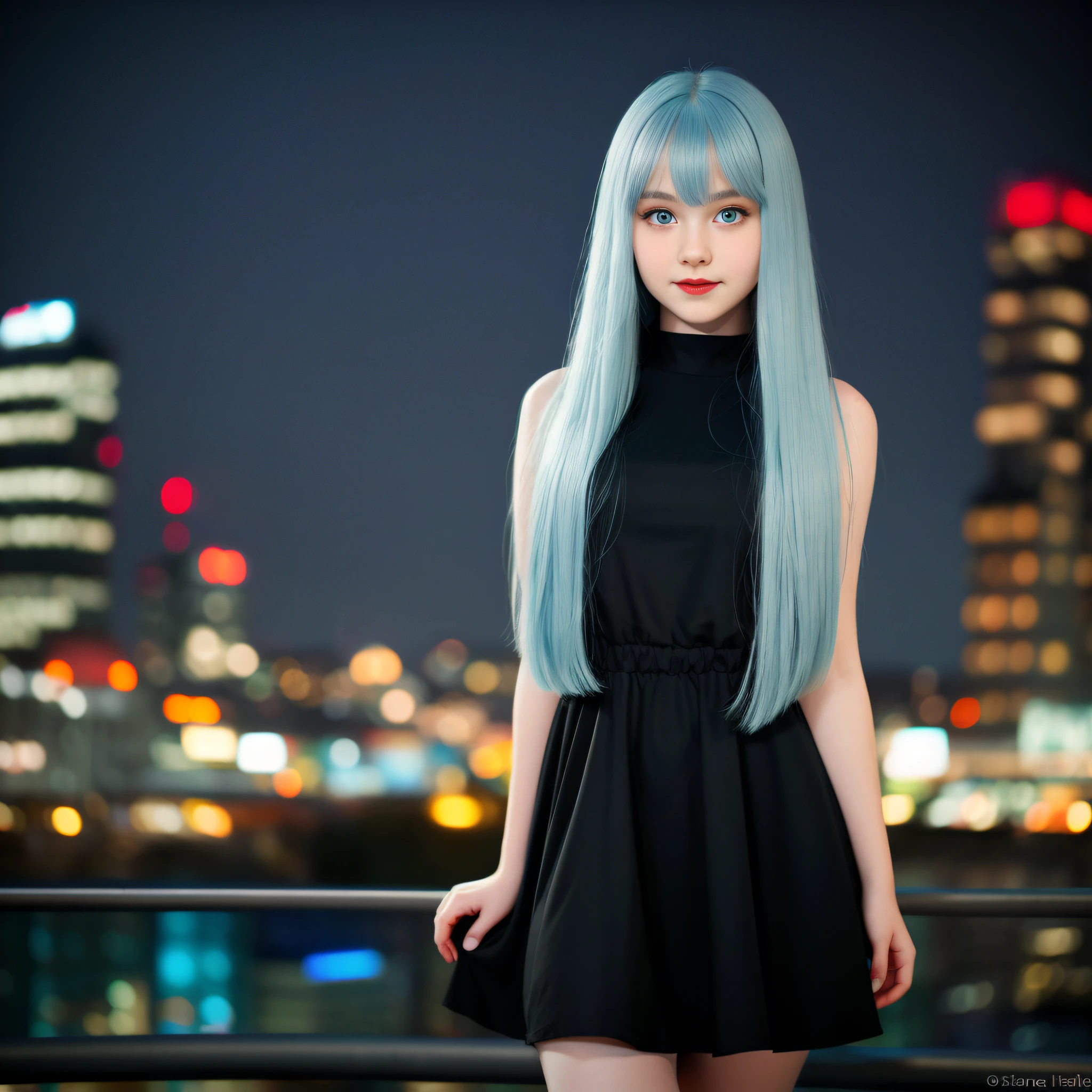 , beautiful and realistic with long straight light blue hair up to the waist, large blue eyes together horizontally to the nose, rosy cheeks and red lipstick, with breasts not too big and not too small all covered, cute, wearing a black dress up to the knees. Photo taken with an 18 mm lens at f/1.5, with 100 K resolution and on a blurry background of a city at night full of illuminated buildings