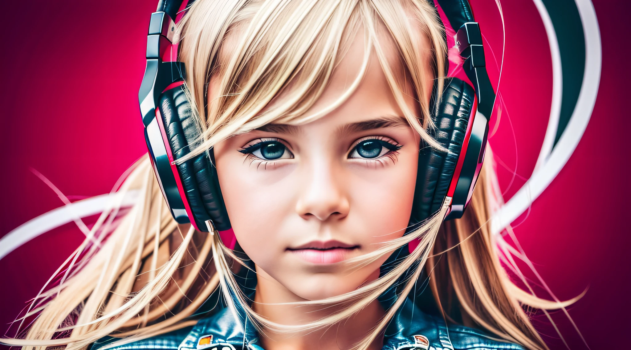 GIRL child , RUSSIAN BLONDE long hair and headphones, portrait, SILVER LEATHER JACKET, VINYL AND CDS red background. --auto --s2