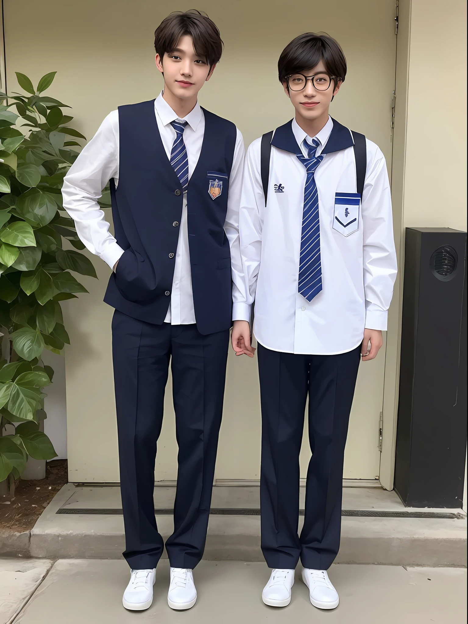 Two boys, bl, couple, Korean students with school uniforms cloth pants and white uniform shirt from Korean institutions one is shy and conformist and the other popular friendly and helpful, both in love