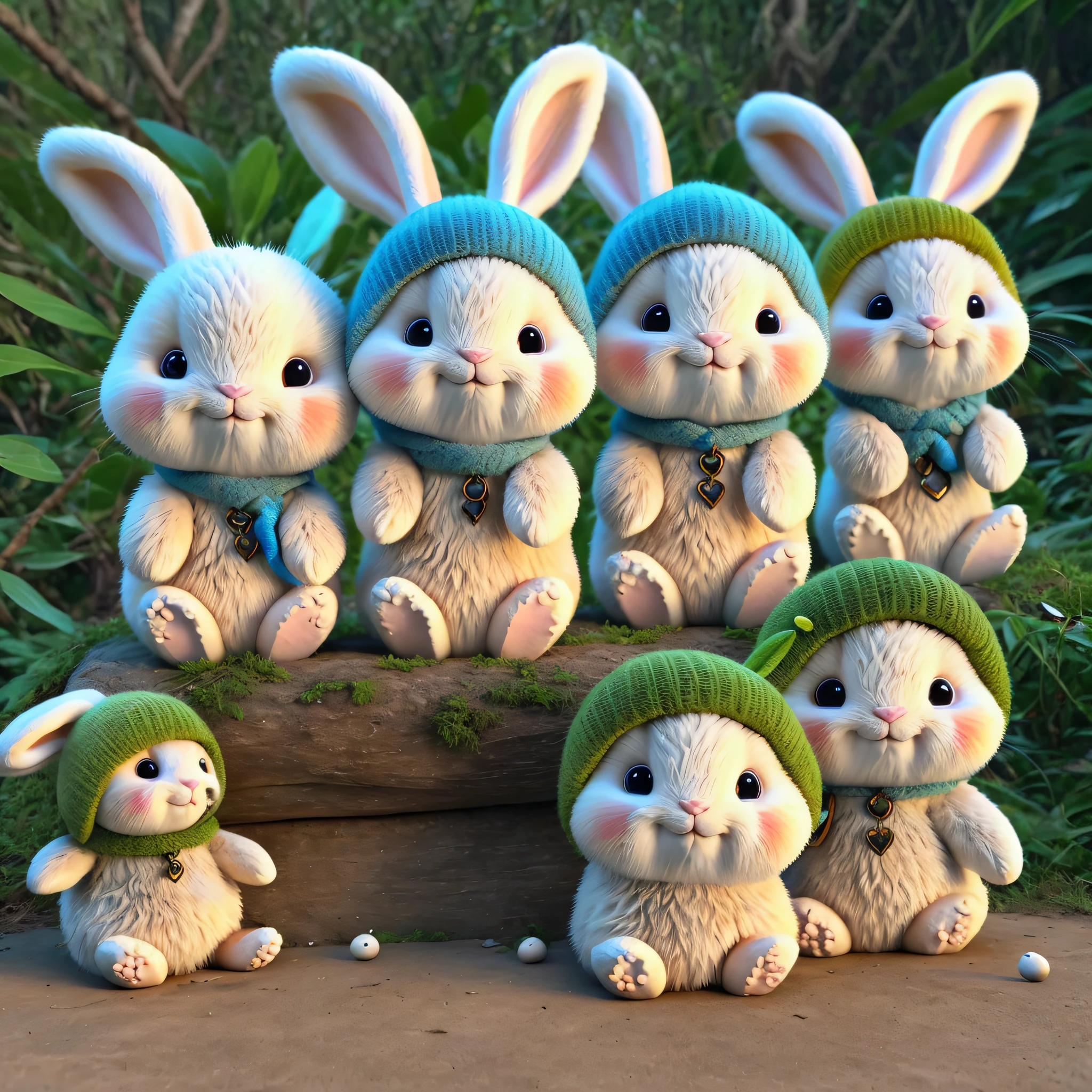 Rabbits, realistic, furry, with fathers and mothers,, beautiful flowers, fruits, water, river, valley, jungle, flowers, trees, animals, blue sky, playing, running in the jungle, very cute and adorable, sanctuary, forest, river, valley, food, fruit, whole body, various rabbits playing, sanctuary, valley, river, animals, jungle, community