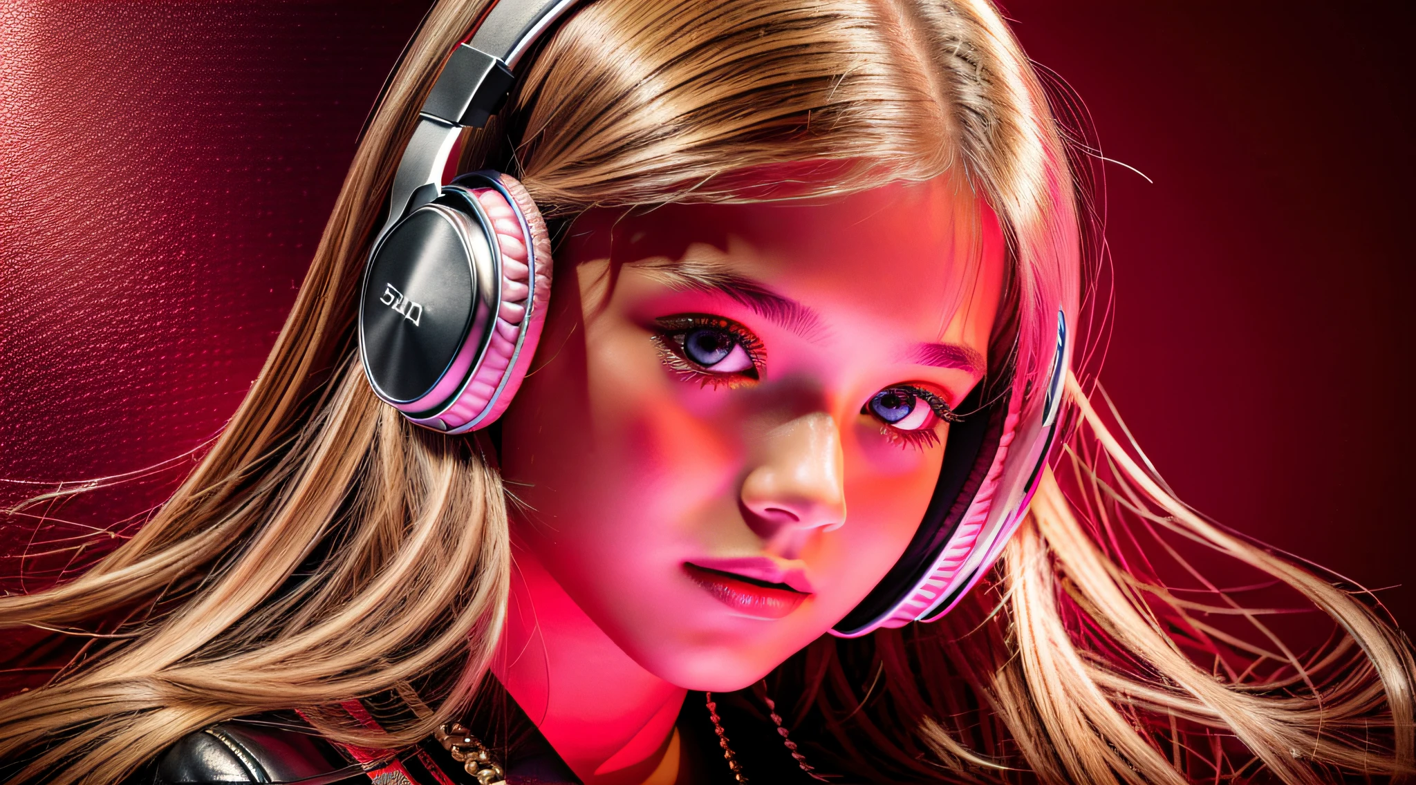 GIRL child 12 years old, RUSSIAN BLONDE long hair and headphones, portrait, SILVER LEATHER JACKET, VINYL AND CDS red background. --auto --s2