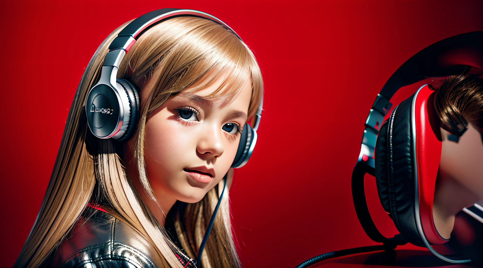 GIRL child 12 years old, RUSSIAN BLONDE long hair and headphones, portrait, SILVER LEATHER JACKET, VINYL AND CDS red background. --auto --s2