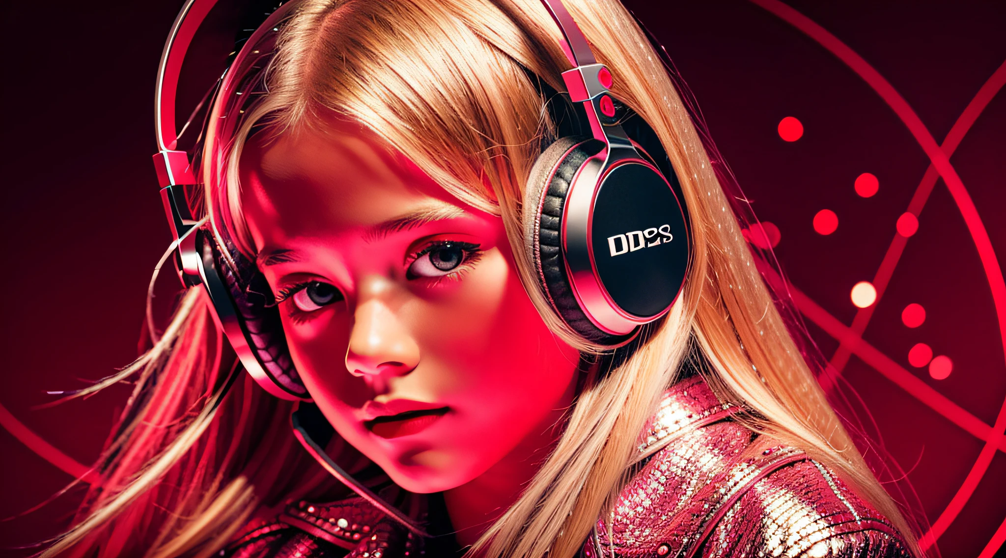 GIRL child s old, RUSSIAN BLONDE long hair and headphones, portrait, SILVER LEATHER JACKET, VINYL AND CDS red background. --auto --s2