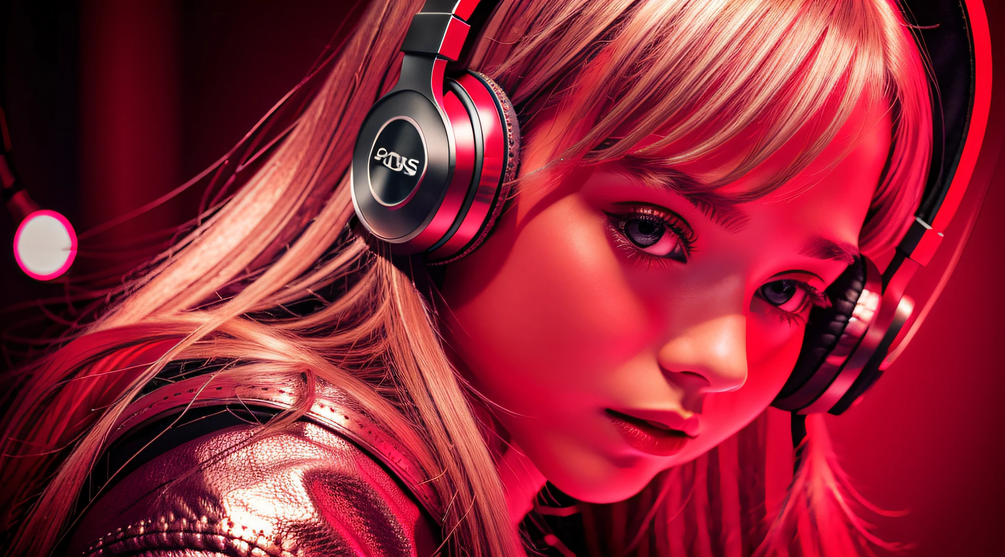 GIRL child , RUSSIAN BLONDE long hair and headphones, portrait, SILVER LEATHER JACKET, VINYL AND CDS red background. --auto --s2