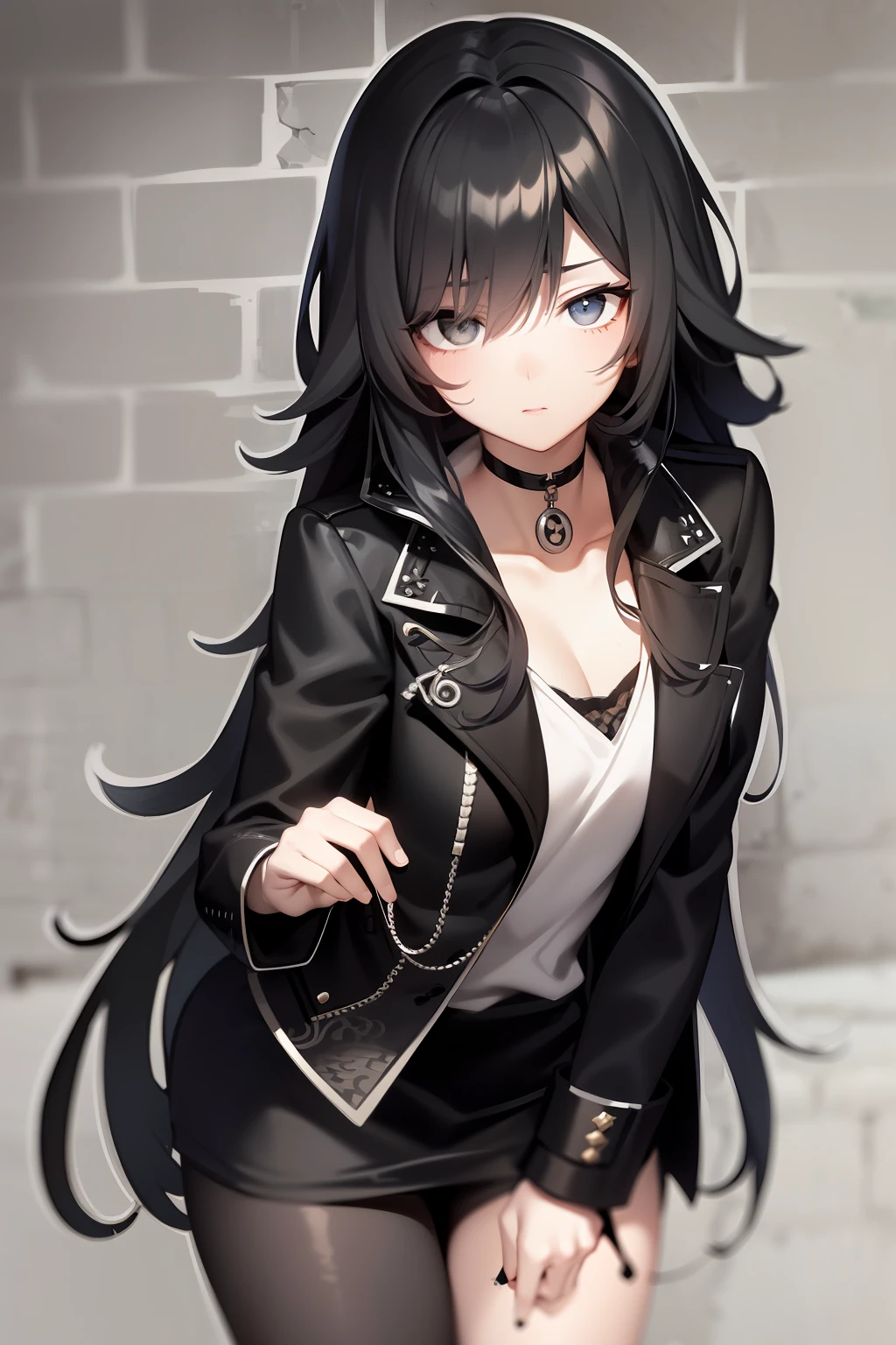 best quality, intricate details, lineart, monochrome,

1girl, long hair, black hair, messy hair, hair over one eye, sharp eyes, 

choker, shirt, torn legwear, open jacket, 

against wall, brick wall, graffiti, dim lighting, alley