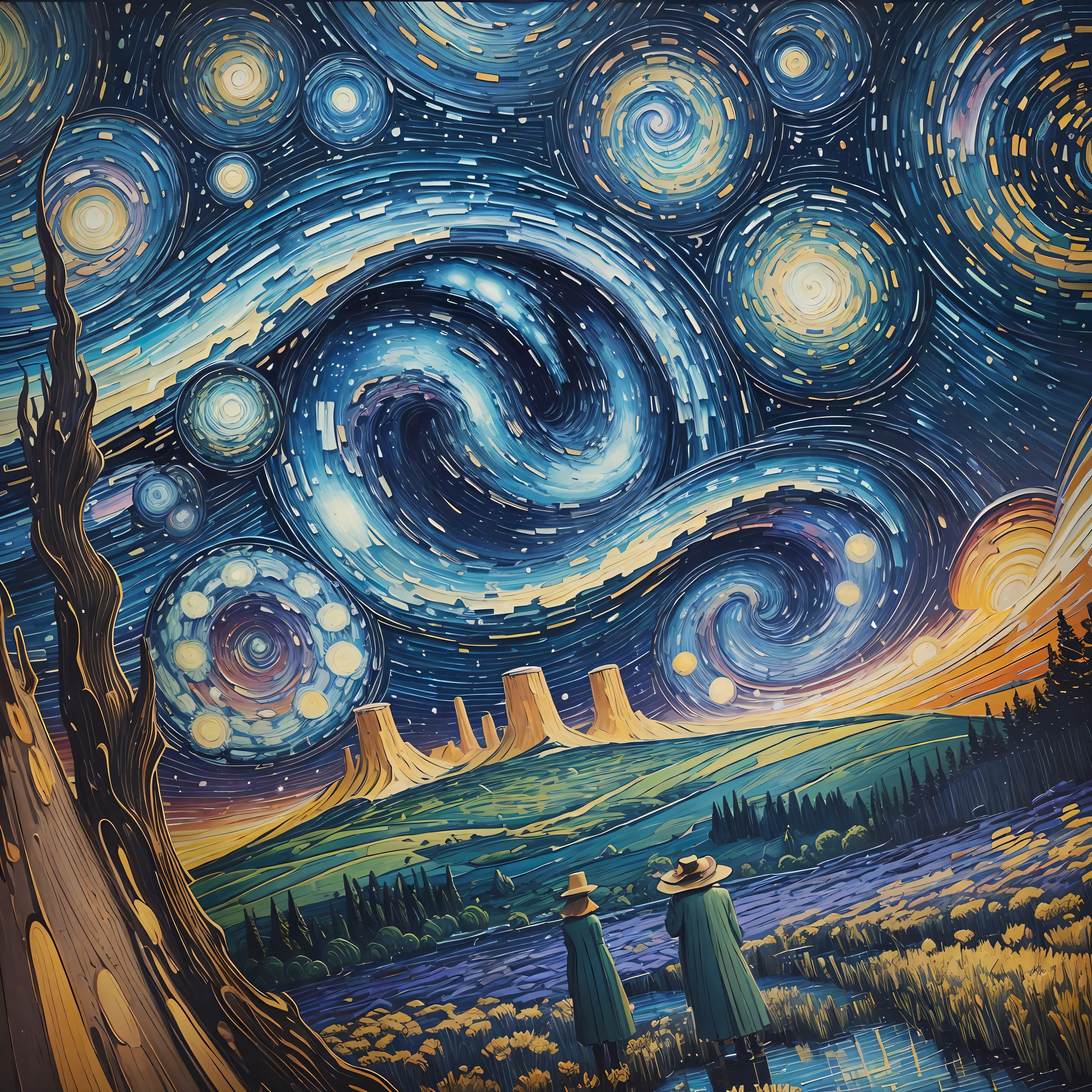 A mesmerizing Van Gogh world, filled with vibrant swirling colors and energetic brushstrokes, depicting a starry night sky above a tranquil countryside, where tall cypress trees stand in silhouette against the moonlit horizon, capturing a sense of awe and wonder, Artwork, oil painting on canvas, --ar 16:9 --v 5 --auto --s2