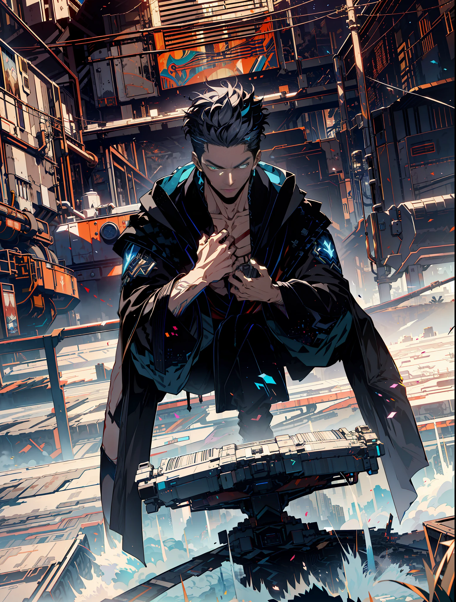 cyberpunk man, fantasy world, dark background, clean design, epic Instagram, artstation, locomotives, locomotive with crotch, colorful paint splash, silhouette, ultra-detailed intricate details, Unreal engine, fantasy, complex details, splash screen, complementary colors, fantasy concept art, 8k resolution, deviantart masterpiece, oil painting, heavy stroke, paint dripping, (isolated on white background: 1.3), rainbow skin, ((( Handsome young man))), ((teenage:1.5)), (glowing blue eyes), ((eyes with light)), (short white hair: 1.1))), ((black), (prince\\(indifferent expression\\),, (((wearing high-detail luxury black robe))), white hair, frost magic, ((pectoral muscles) --v 6