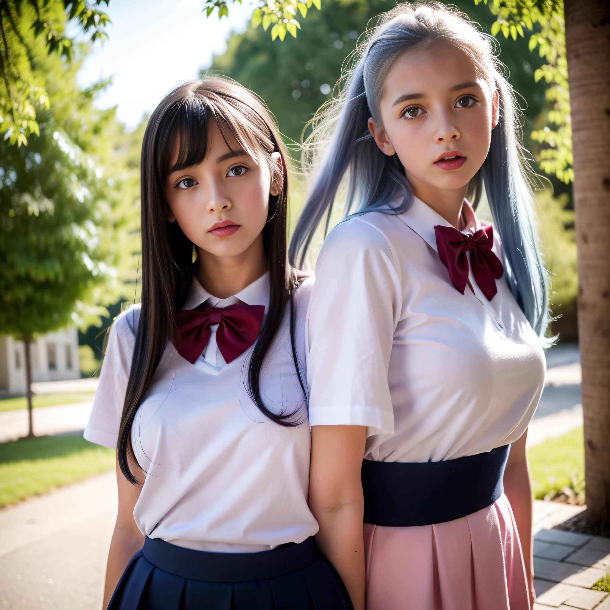 white girl 14 years realistic,beautiful,with long light blue hair to the waist,red lipstick,pink cheek,big blue eyes blue well together horizontally to the nose, school clothes white blouse with red bow and navy blue skirt,full body, , on blurry background in 10k resolution