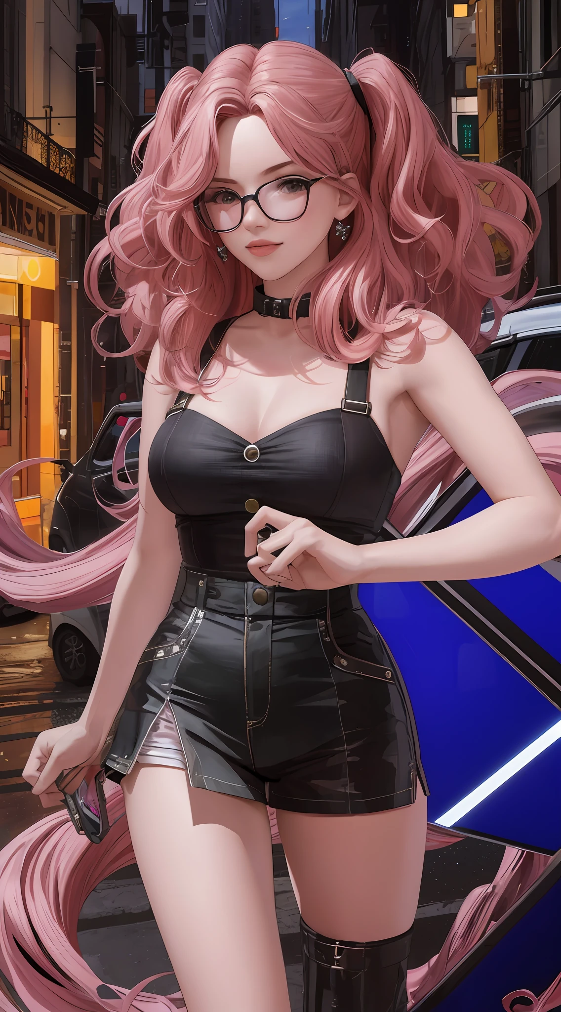 (masterpiece, best quality: 1.4)  (1girl, solo) ((wavy pink hair)) glasses sexy gesture pudica pose, standing, sassy, full body front angle camera good anatomy 16k HDR