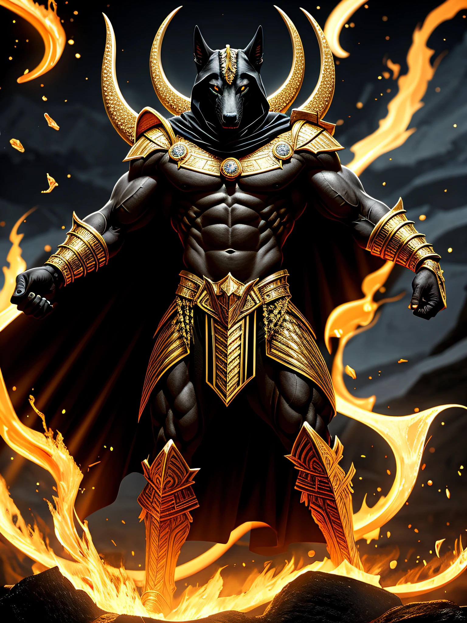 (high quality), photorealistic, (oil painting)
jewelry, (solo),
(dynamic pose), towards right, ((hell gate)), fire, hell landscape, (the underworld), (dark landscape),
anubis, egyptian jackal headed god, anthro, muscular, (holding golden scales), dynamic pose, cinematic, dramatic camera angle, golden armor:0.25, black & gold cape, (good anatomy), (good proportions), award winning, masterpiece, centered,