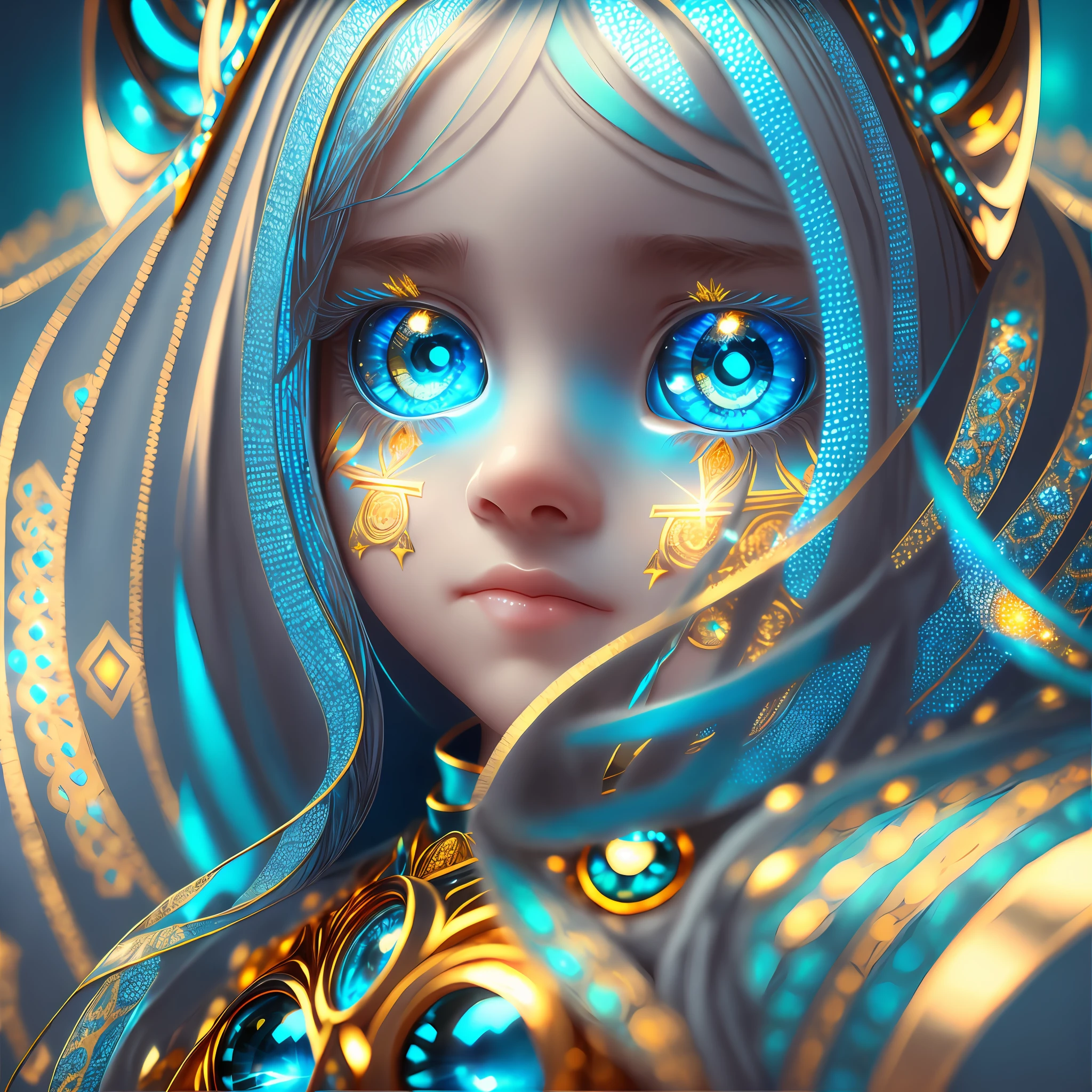 A pupil with light, close-up of the eyes, eyes full of details, dark cyan and silver, gold and cyan, covered with gold, looking at the audience, clear and shining, eyes soft and bright light