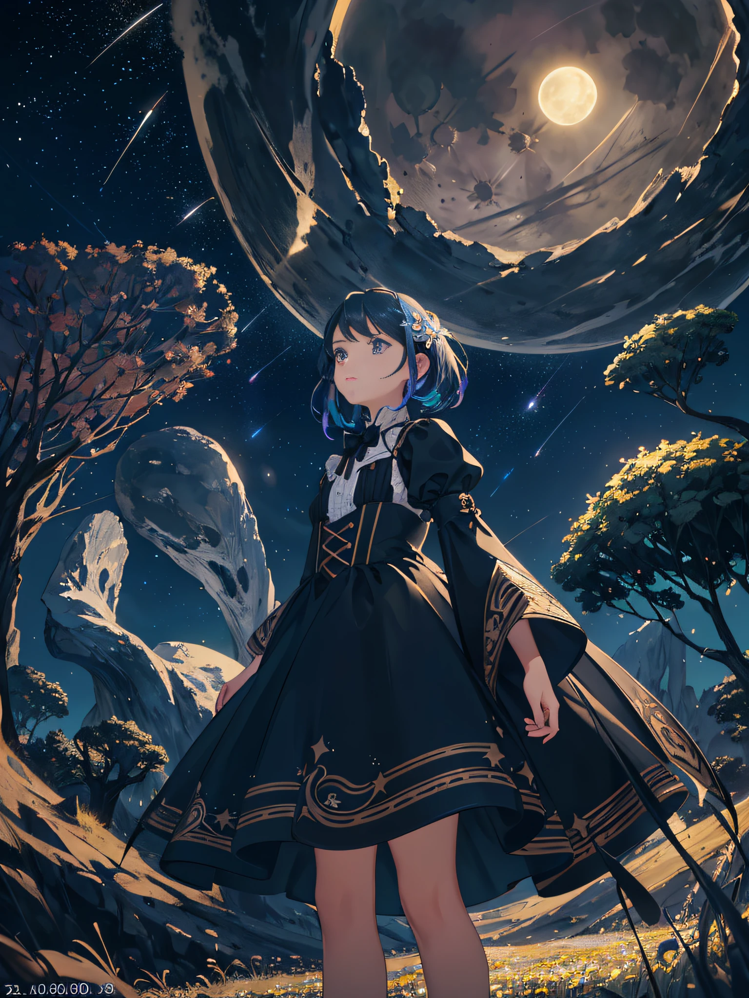 Expansive landscape photograph, (view from below with a view of the sky and wilderness below), little girl standing in a flower field looking up, (full moon: 1.2), (shooting star: 0.9), (nebula: 1.3), distant mountain, tree break production art, (warm light source: 1.2), (firefly: 1.2), lamp, purple and orange, intricate detail, volume lighting, realism break (masterpiece: 1.2) (Best Quality), 4K, Ultra-Detailed, (Dynamic Configuration: 1.4), Highly Detailed and Colorful Details, (Iridescent Colors: 1.2), (Glowing Lighting, Atmospheric Lighting), Dreamy, Magical, (Solo: 1.2)