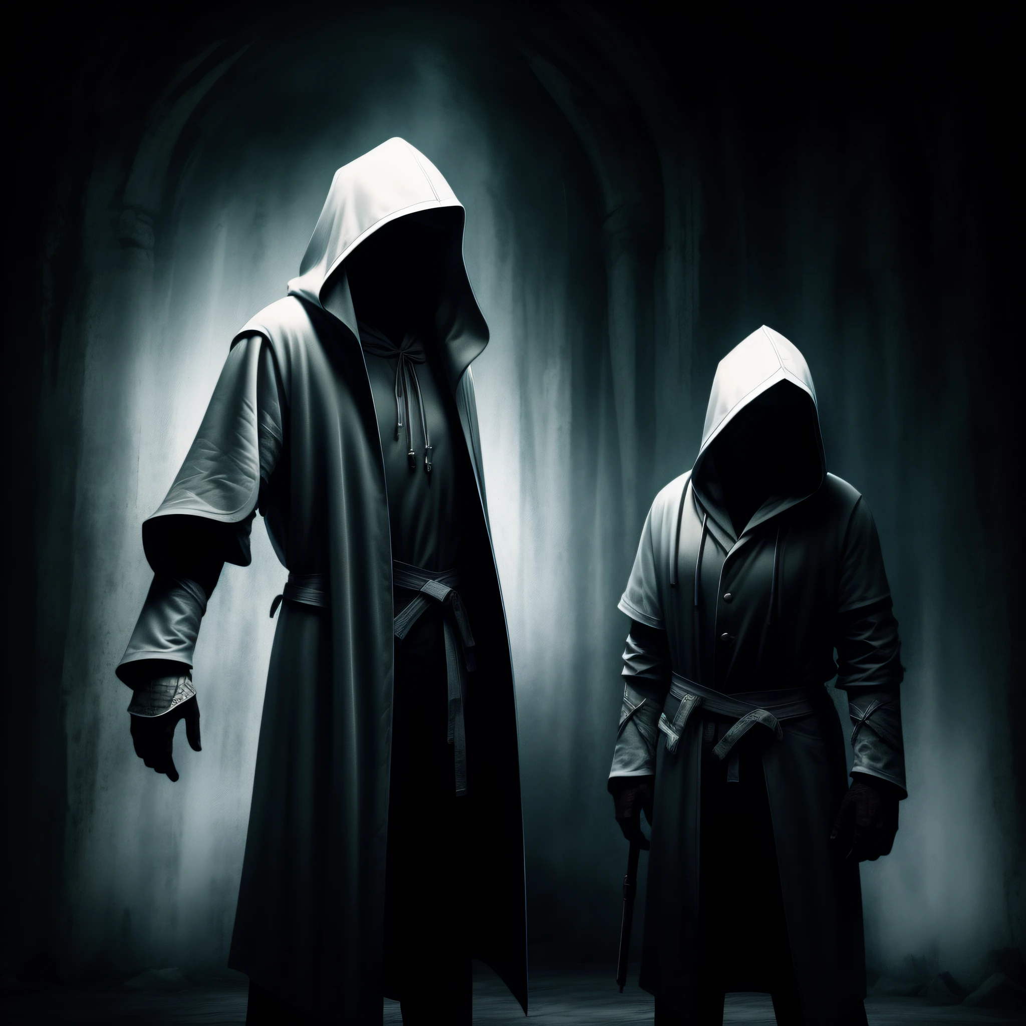 A pale hooded man with a robe in the dark