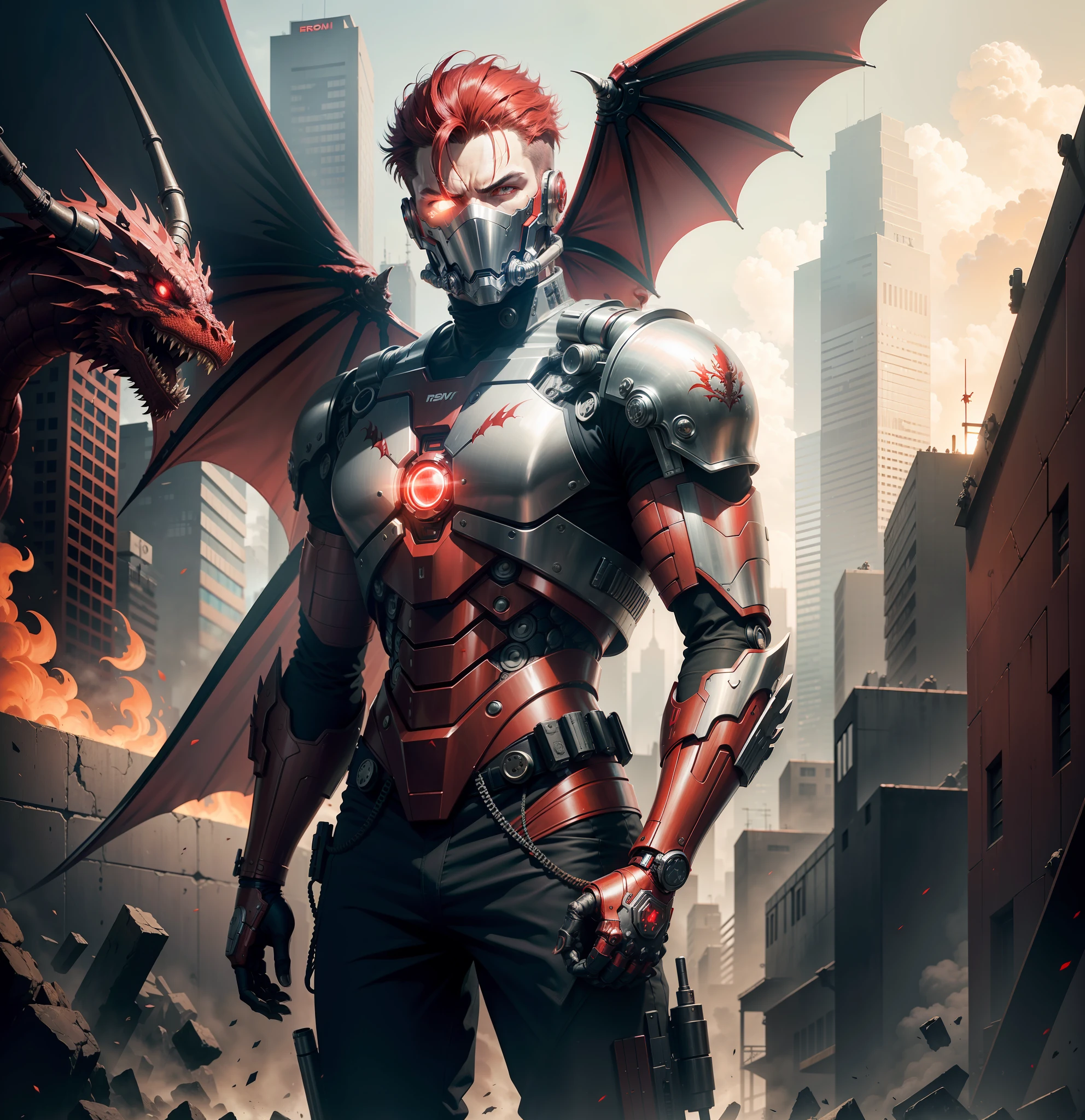 (Red cyborg man) (with a dragon in the background), robotic techwear clothes, gun in hand looking at a war in front of him, wearing robotic mask.