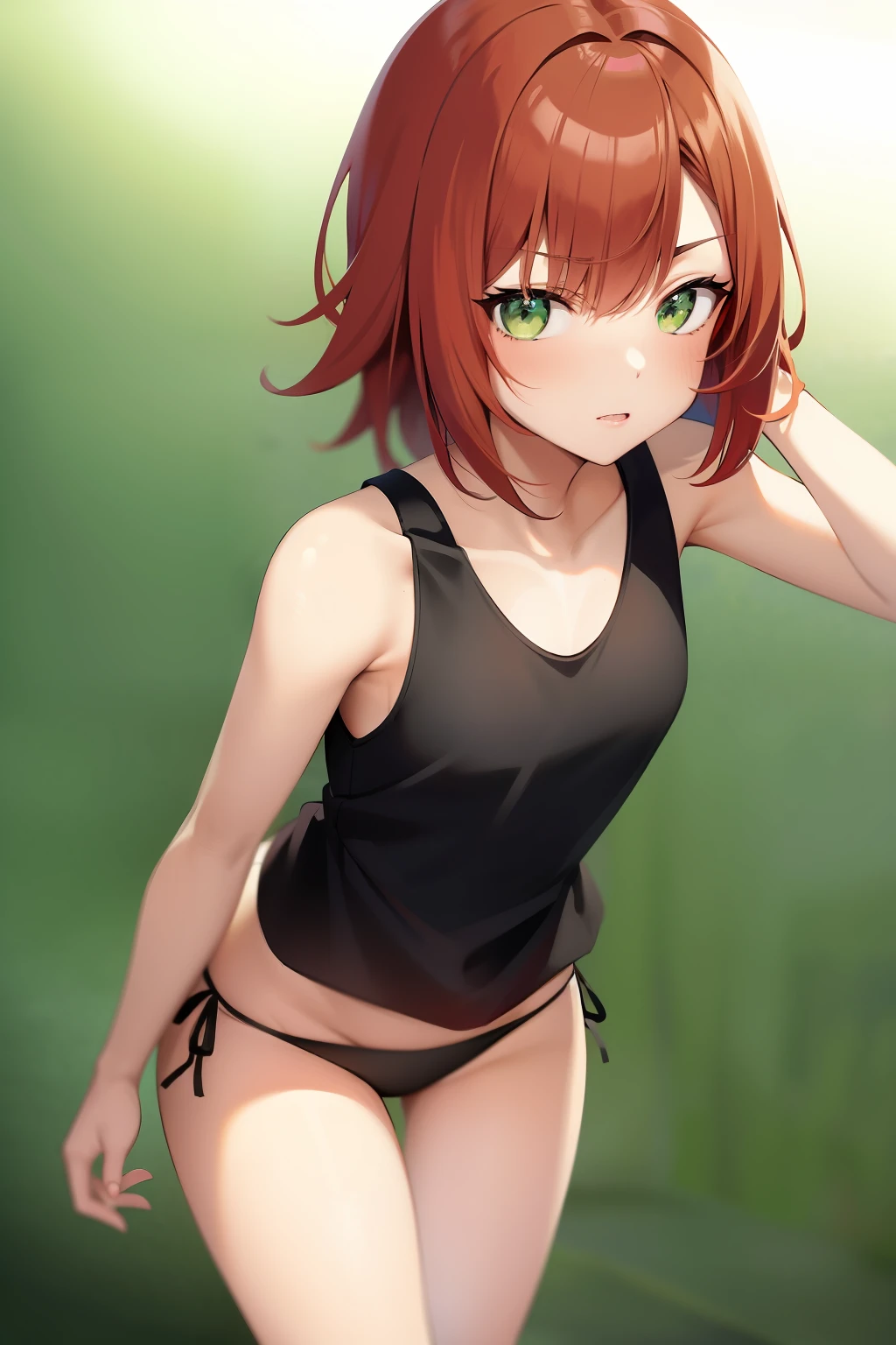 Anime girl, red hair, black tanktop, green eyes, tan line, panties, small breast,