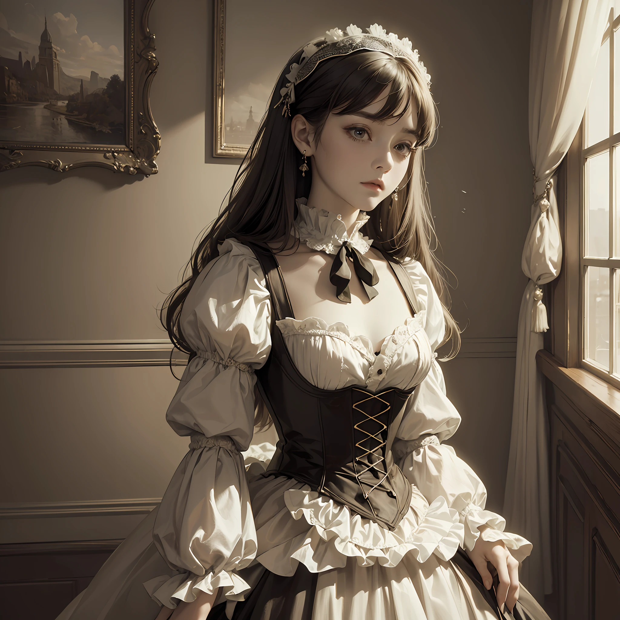 (Pure Color: 0.9), (Color: 1.1), (Masterpiece: 1,2), Best Quality, Masterpiece, High Resolution, Original, Highly Detailed Wallpaper, Beauty, Victorian, Dress, Sad, Small Face, Big Breasts, Sepia --auto --s2