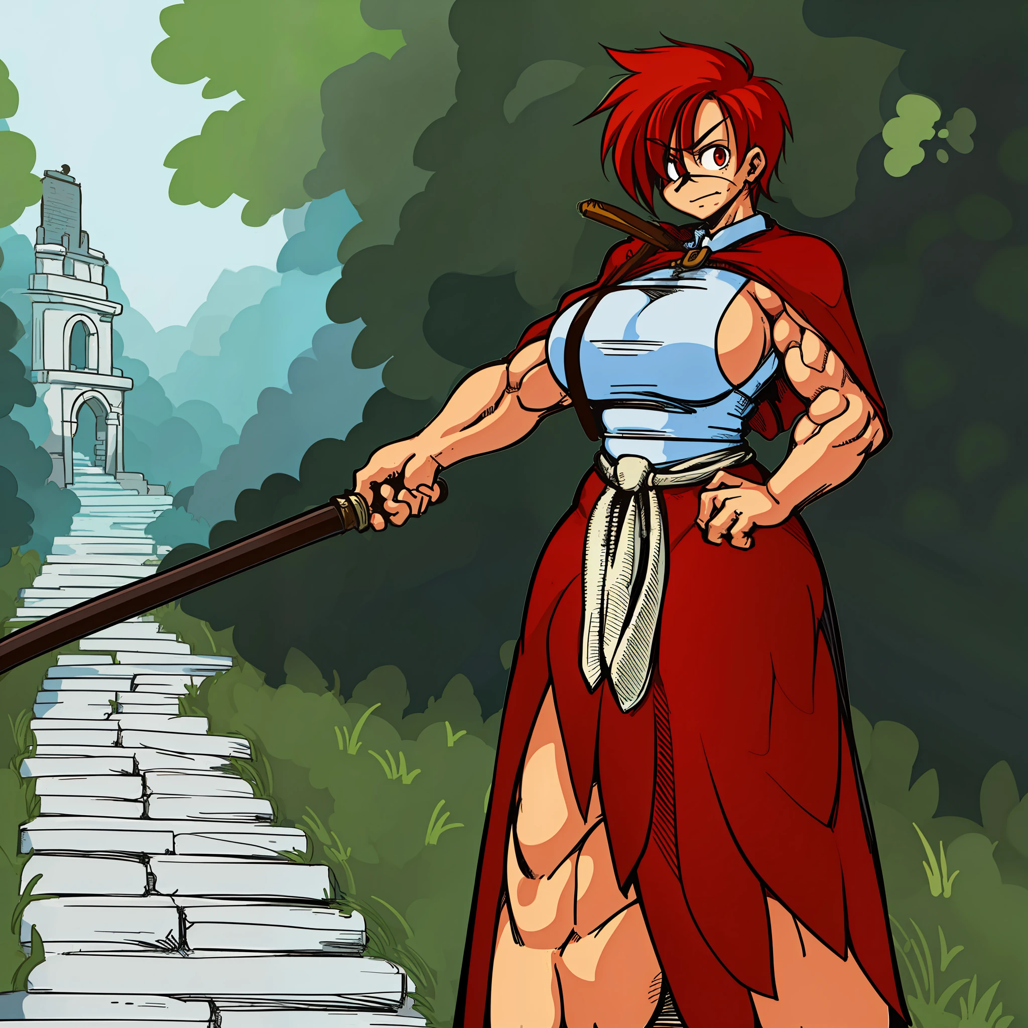 huge chest, tall woman, red hair, nun, priestess, curvy, short hair, tomboy, freckles, portrait,1character, full body,1girl, tall female, solo, solo focus, portrait, walking, ful body, warrior, knight, weapon holfing