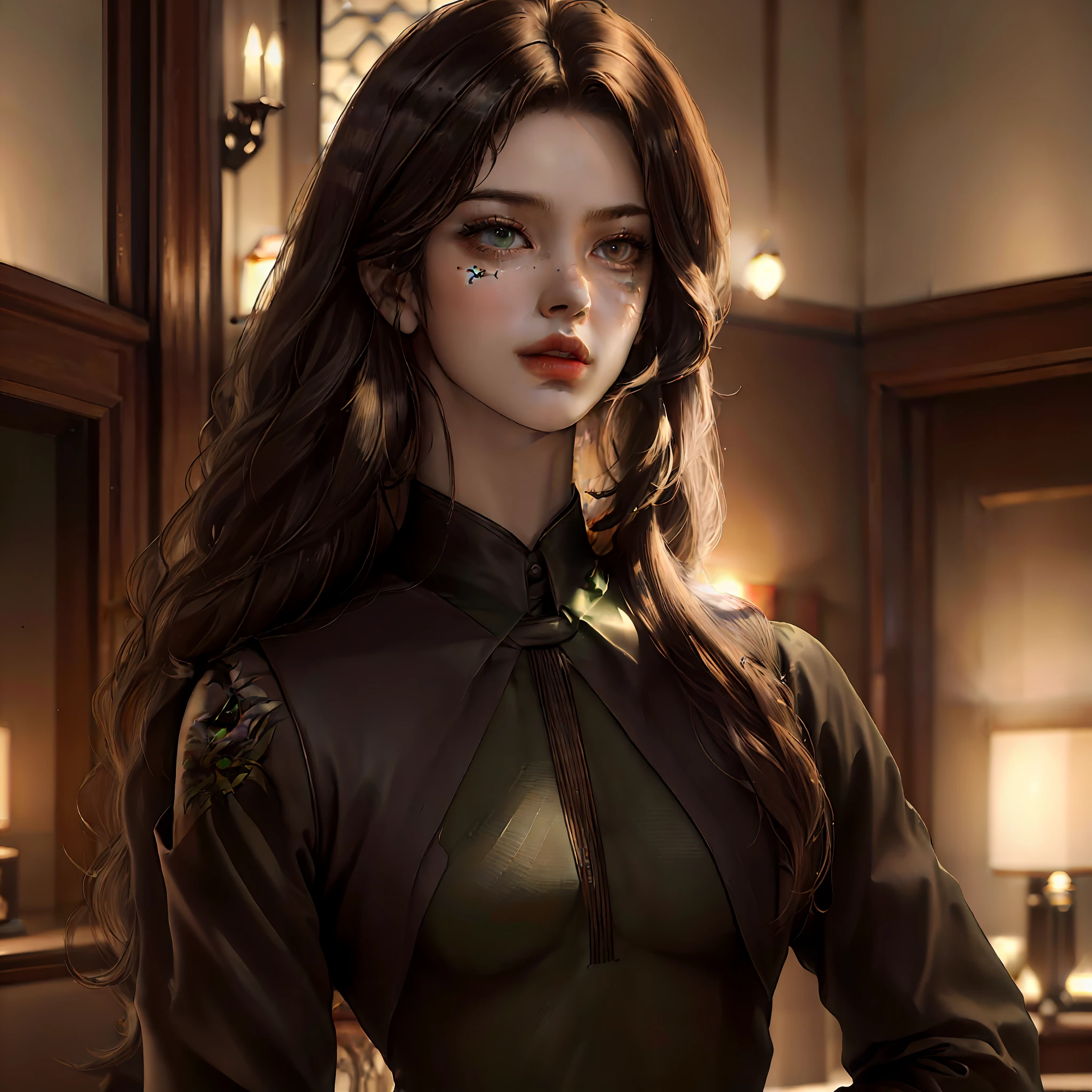 ((top quality, 8k, masterpiece: 1.3)), beauty, 1 man, large: 1.3, slender abs: 1.1,large biceps dark brown hair, (indoors, in the room: 1.2), ultra detailed face, detailed lips, detailed green eyes, double eyelids, black suit and black tie, neck tattoo