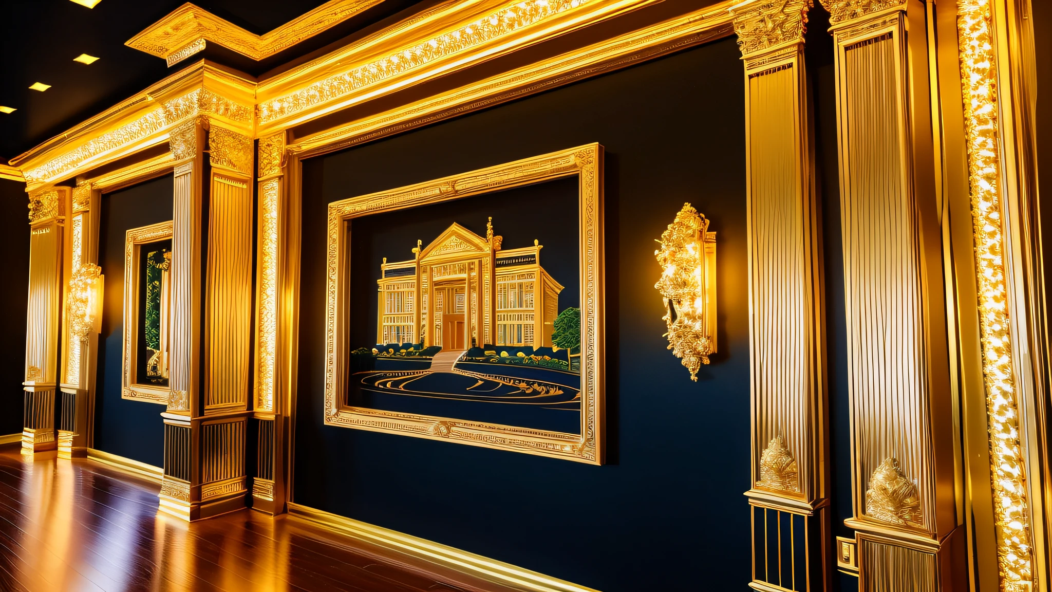 A black background with bright gold bars in the foreground,AMAZING WHITE MANSION,8k, uhd, severe low lighting, high quality, sharp focus, fujifilm XT3